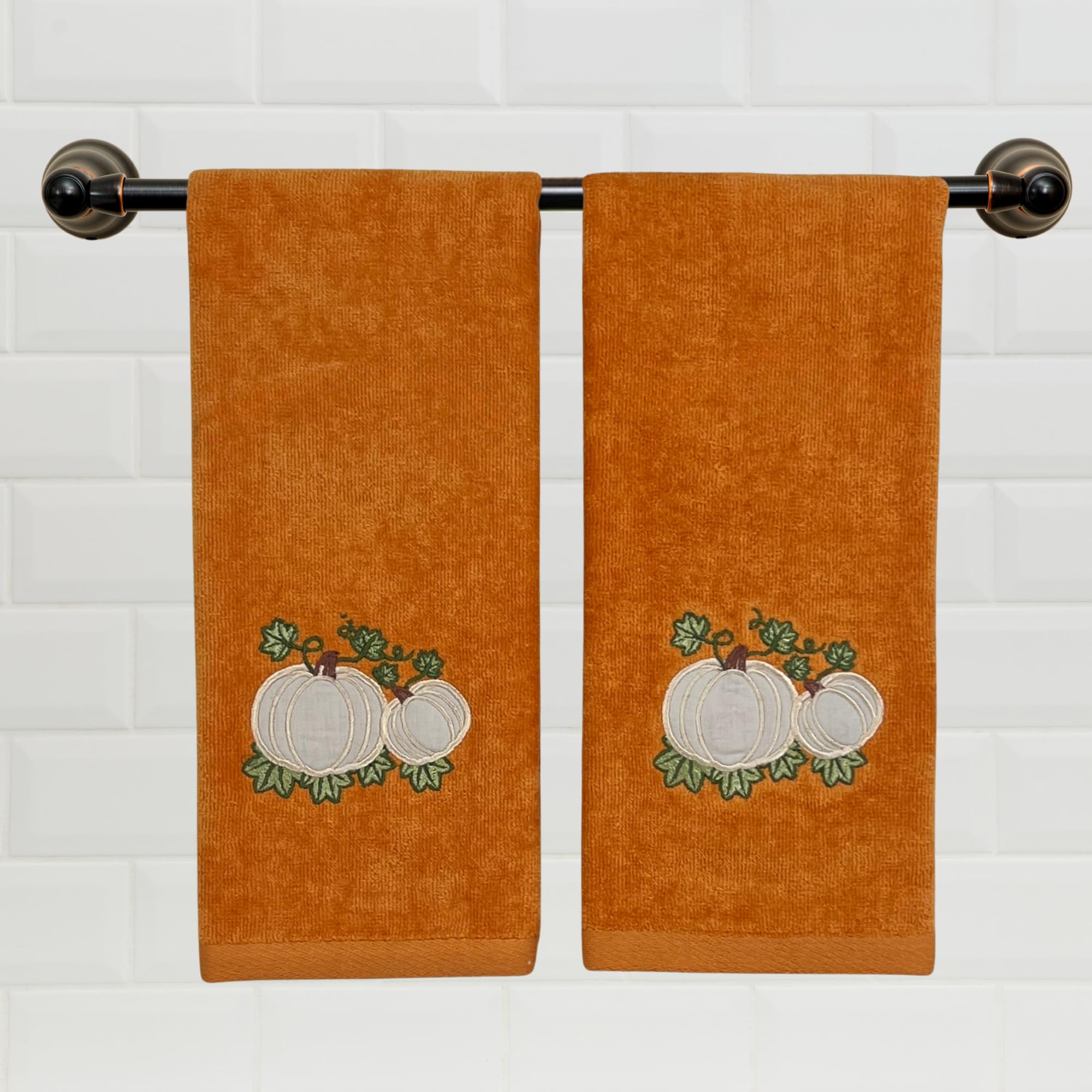 Harvest Fall Hand Towels: Plush Rust Orange Cotton Towels With Pumpkin Leaf Design Set Of 2, 16'' X 25'' Inch