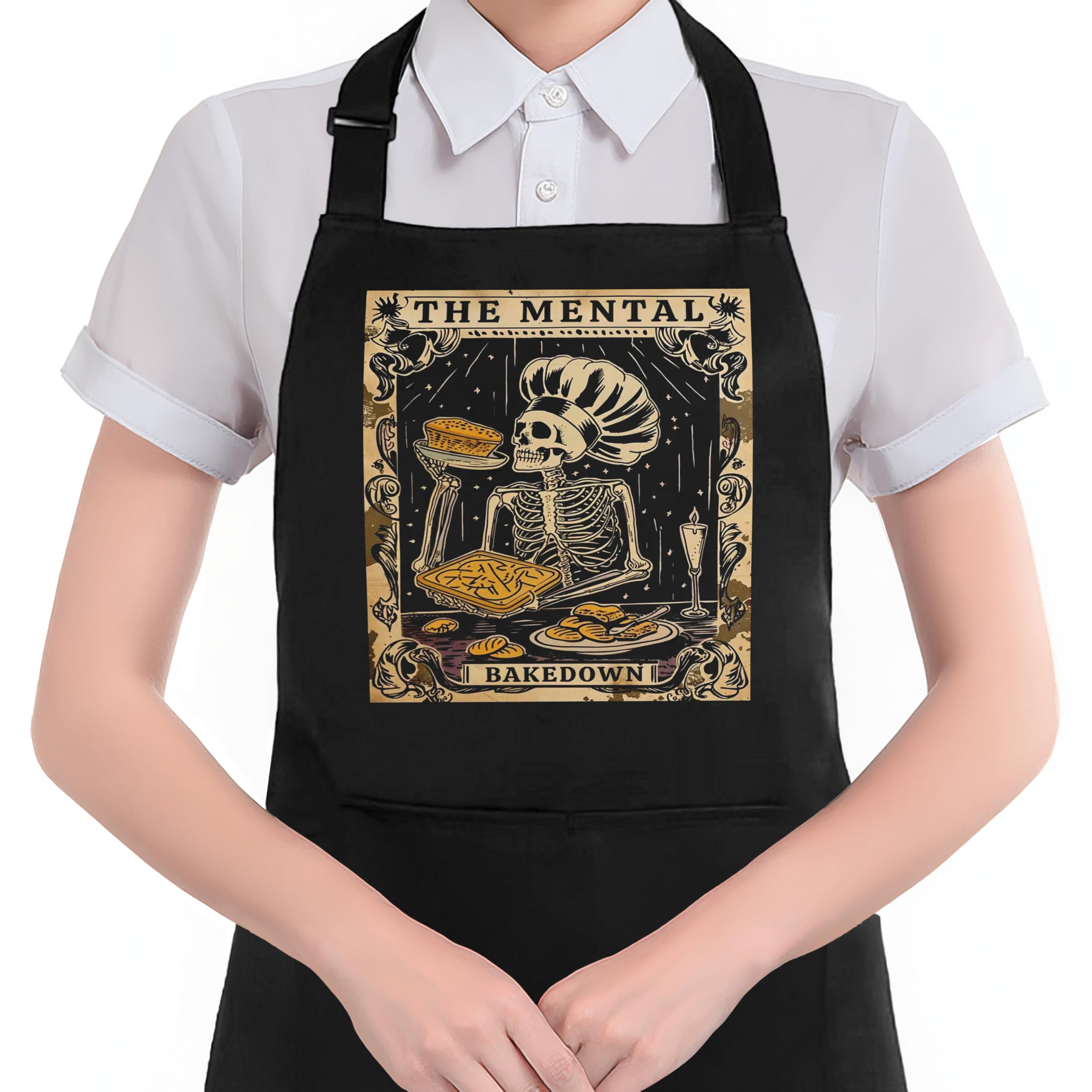 Hugane Funny Gothic Skeleton Baker Apron With Pockets, Baking Lovers Women Gifts, The Mental Bake Down Waterproof Adjustable Coo