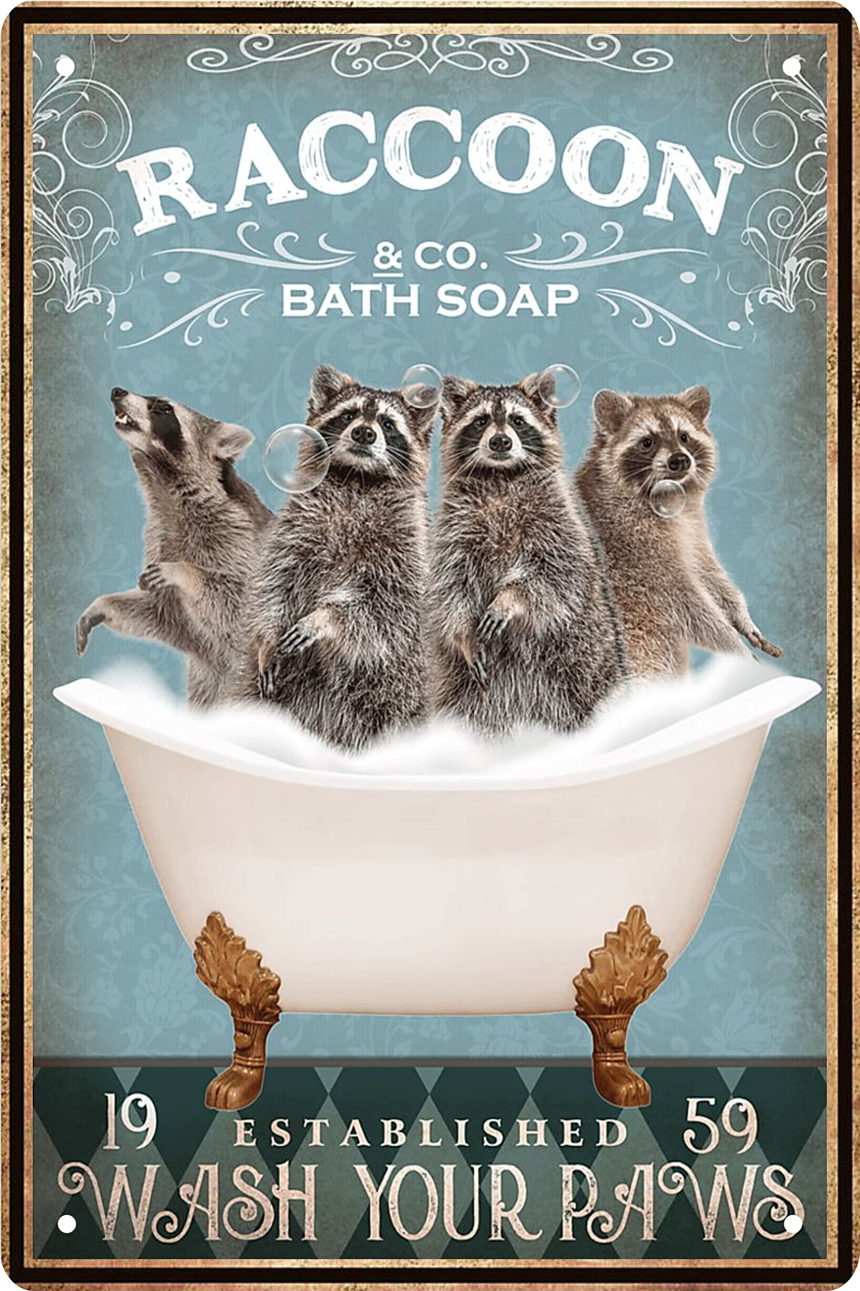Funny Raccoon Decor Vintage Bathroom And Bathtub Metal Tin Sign Decor Raccoon Pet Lovers Gift Farm Home Bar Bathroom Man Cave Re