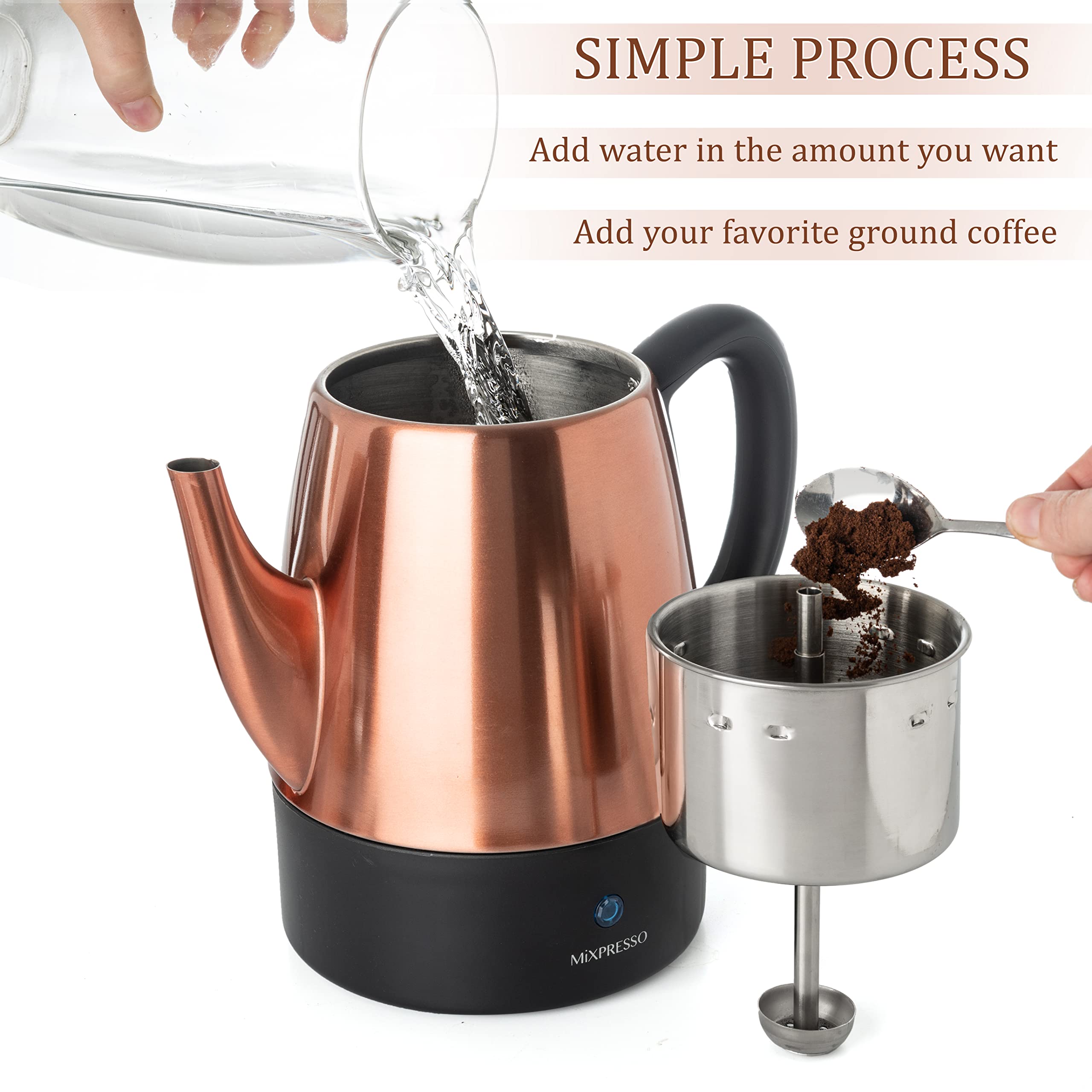 Mixpresso Electric Coffee Percolator Copper Body With Stainless Steel Lids Coffee Maker, Percolator Electric Pot - 4 Cups, Coppe
