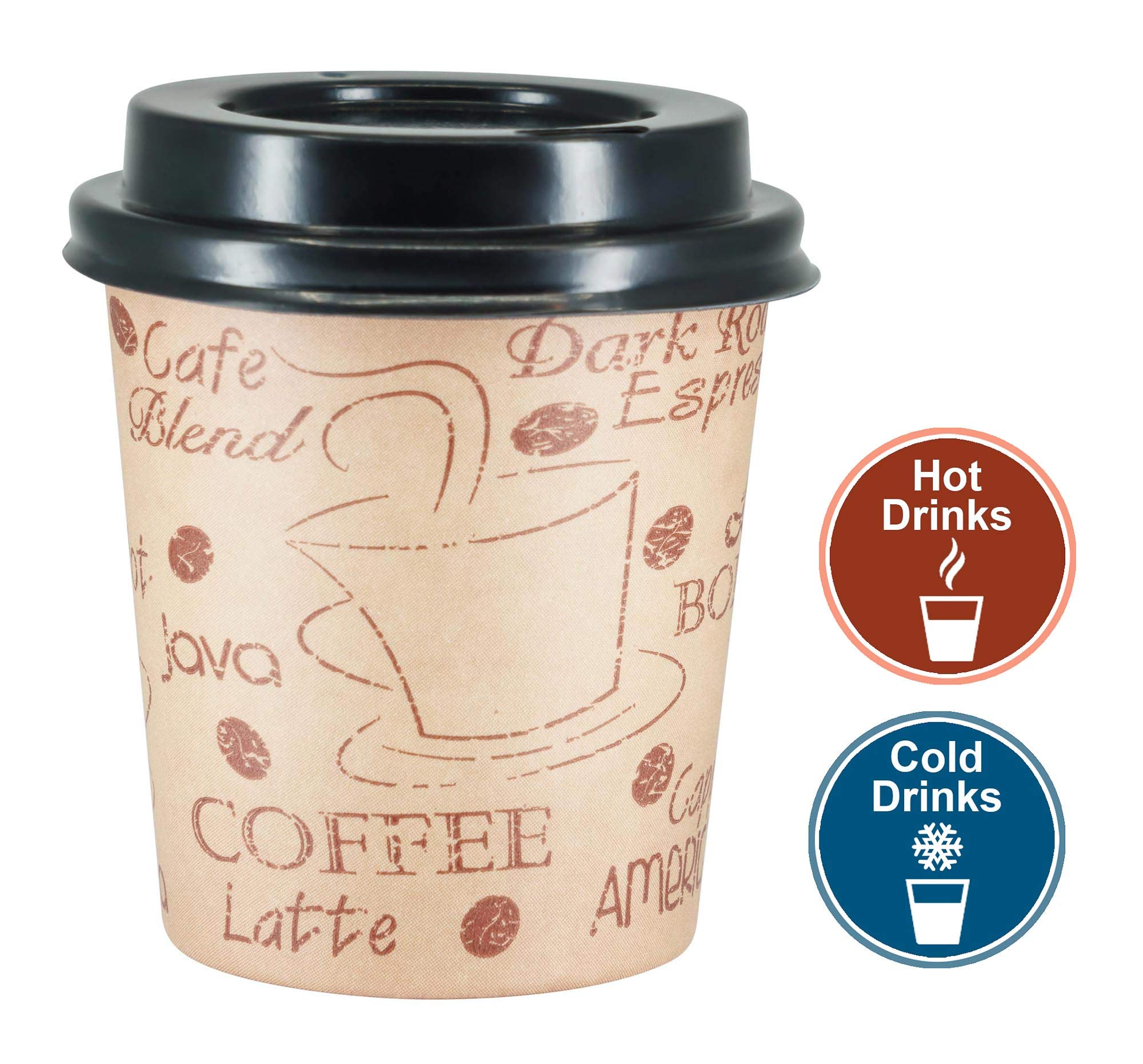 Ecodesign-Us 4 Ounce Disposable Espresso Paper Hot Cups With Black Lids - 50 Sets - Print - Small Portion Sample Shots (50, Prin