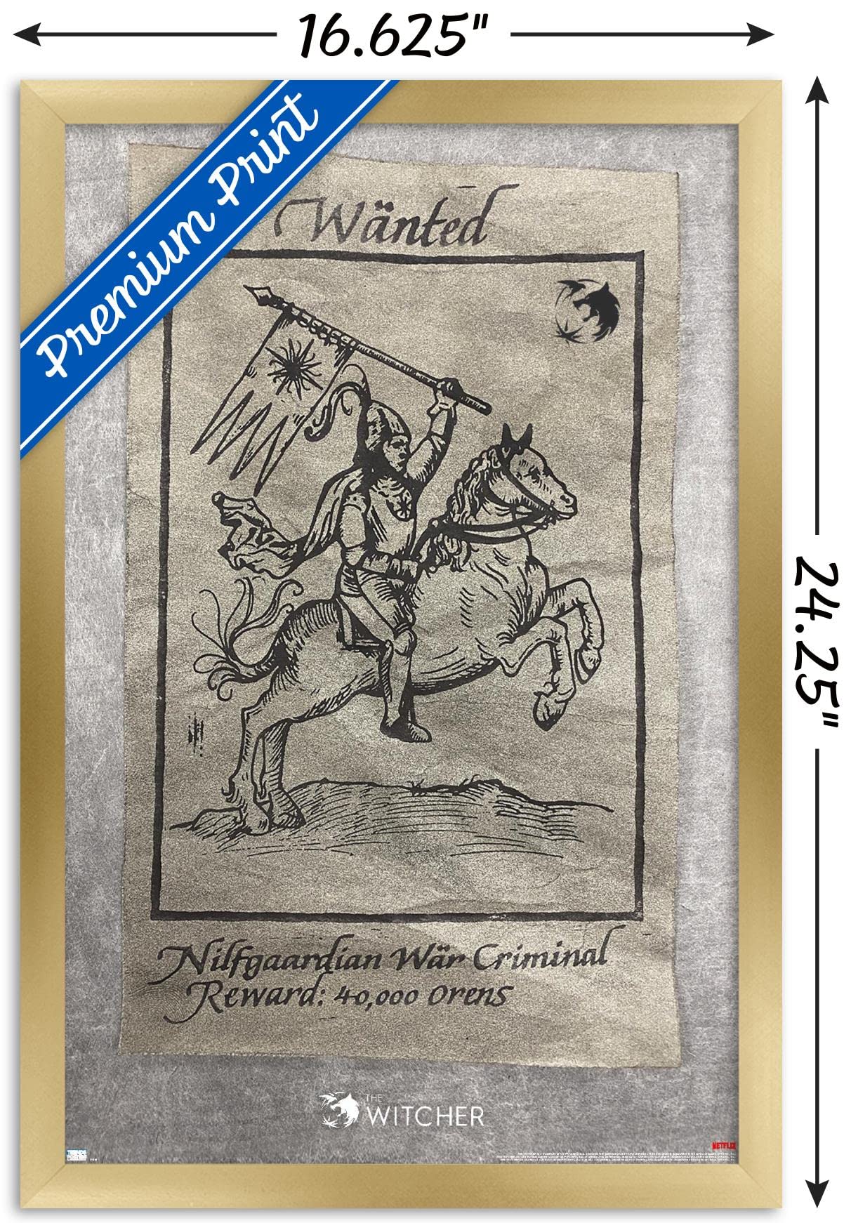 Trends International Netflix The Witcher Season 2-Wanted War Criminal Wall Poster, 14725 X 22375, Gold Framed Version