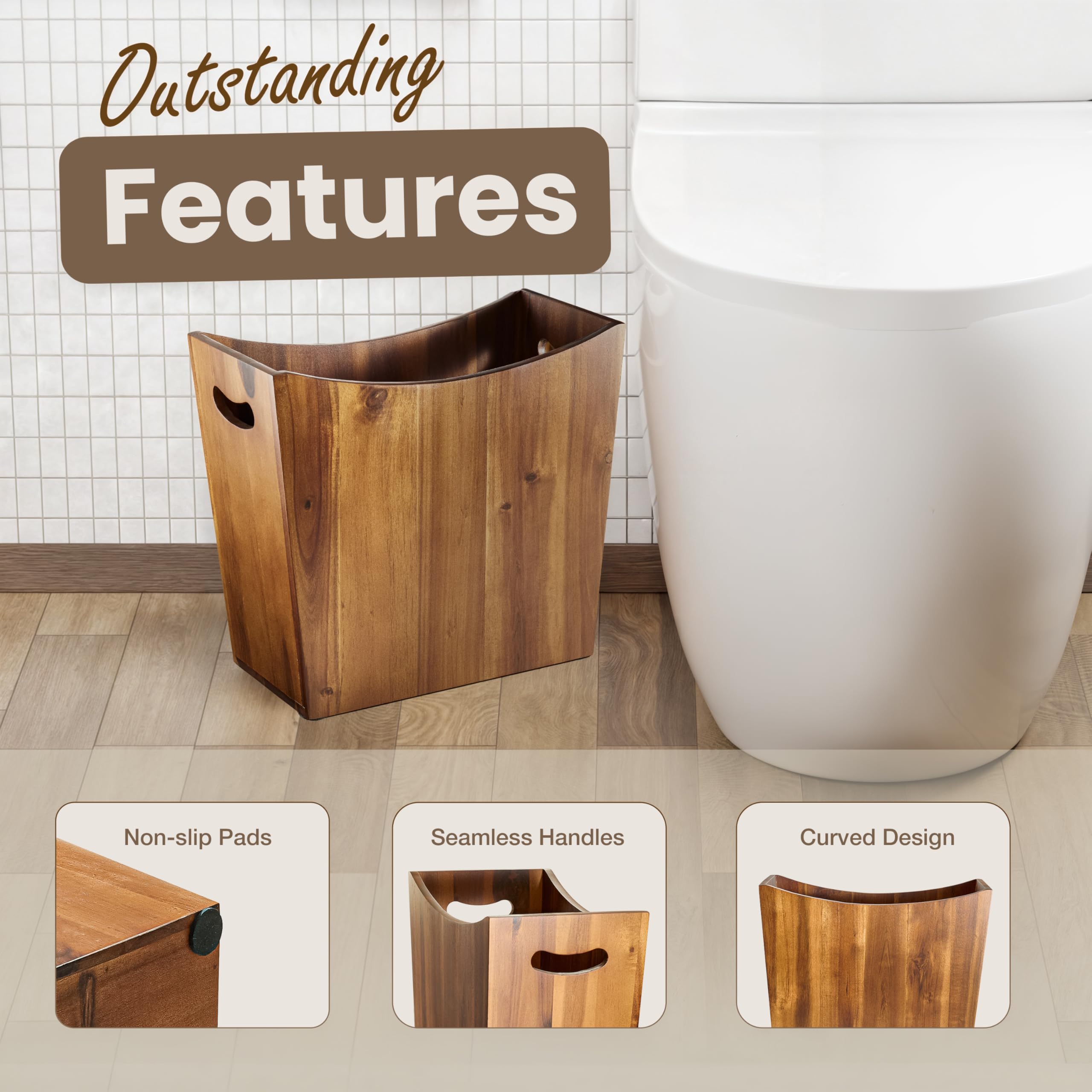 Tidita 3 Gallons Rectangular Wastebaskets - Acacia Wood Waste Basket With Handles - Small Trash Can For Bathroom - Brown Garbage