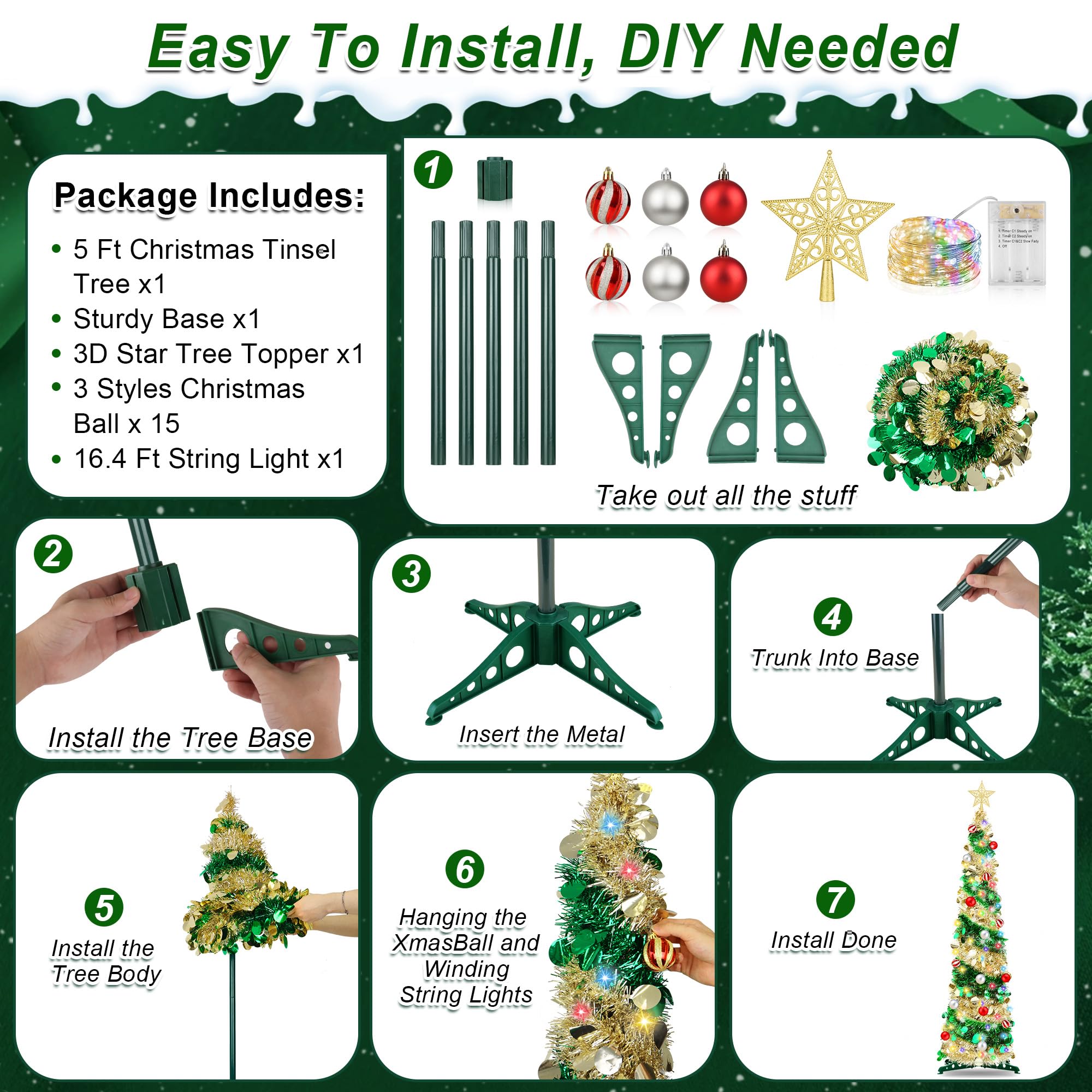5FT Pop Up Christmas Tree with Timer 60 Warm White & Multi Color Fairy Light 3D Star 15 Ball Ornament, Green Gold Tinsel Christm