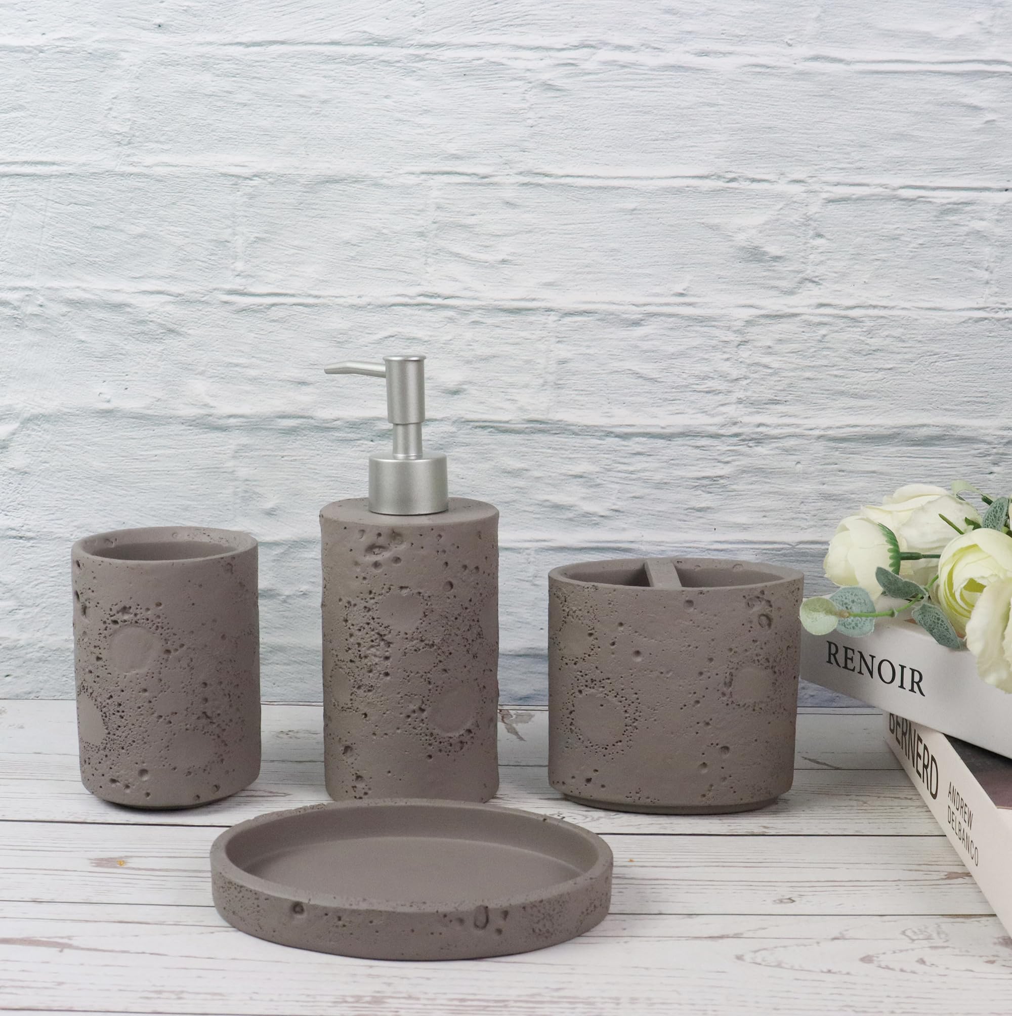 Hymmah Meteorites Bathroom Accessories Set,Farmhouse Bathroom Decor,4 Pcs Resin Gift Set Apartment Necessities, Contain Cotton S