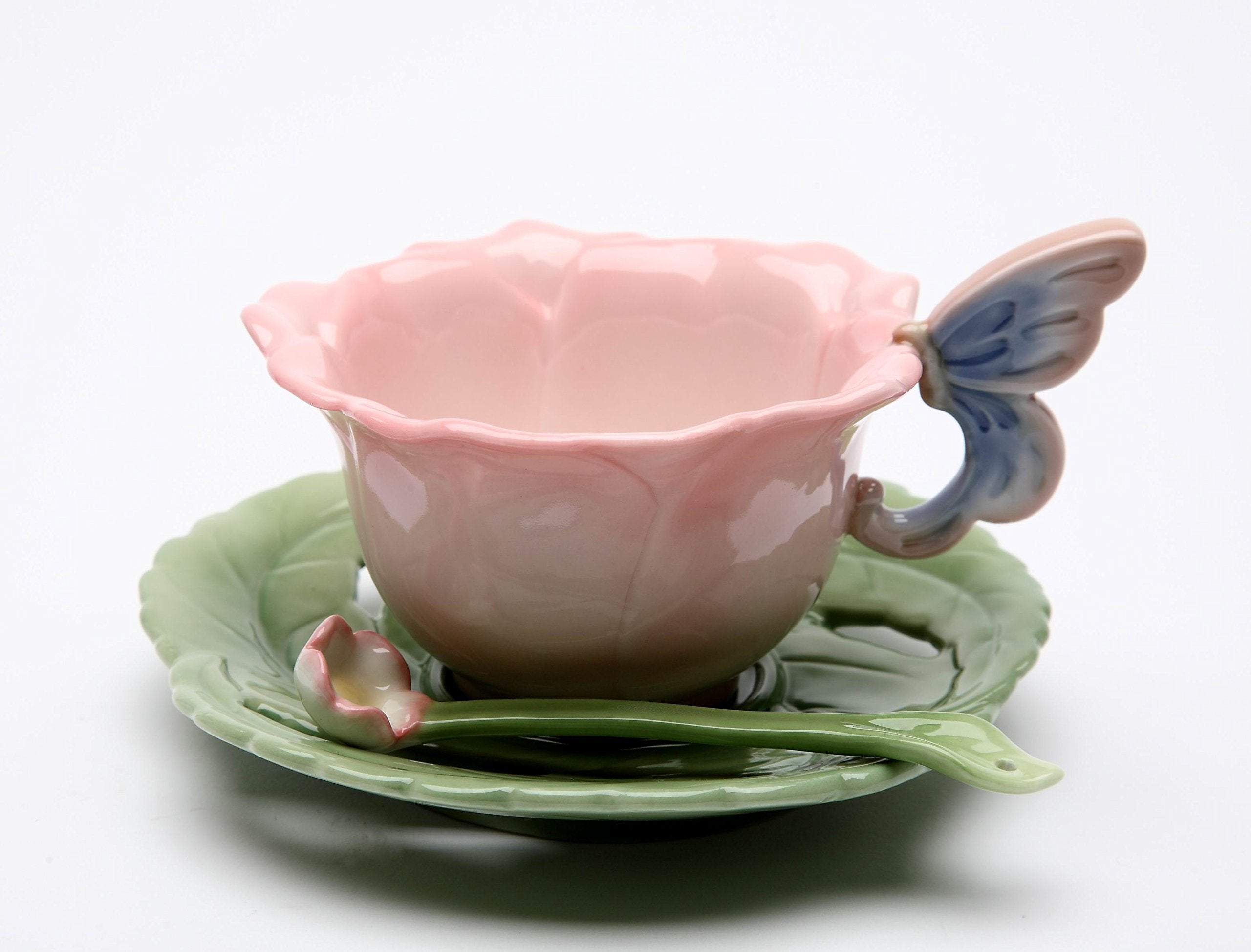 Cosmos Gifts 20854 Fine Porcelain Rose with Butterfly Cup & Saucer Set (6 - Pcs Set, 2 Each Of Cup/Saucer/Spoon), 5-1/2