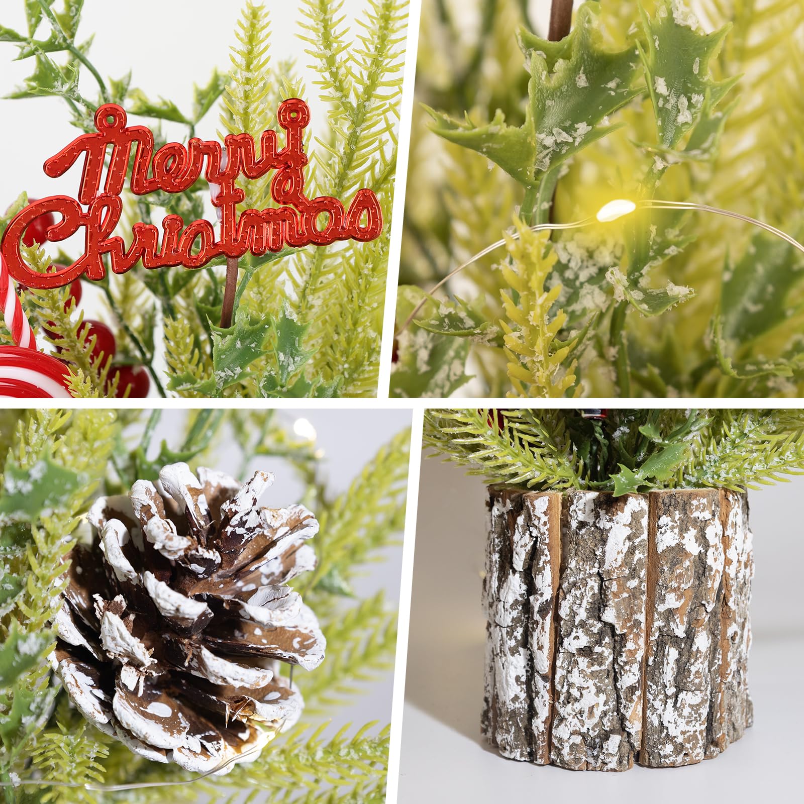 Small Table Top Christmas Tree with Lights, Mini Christmas Tree Decorations with Merry Christmas Candy Canes Pine Cones Berries