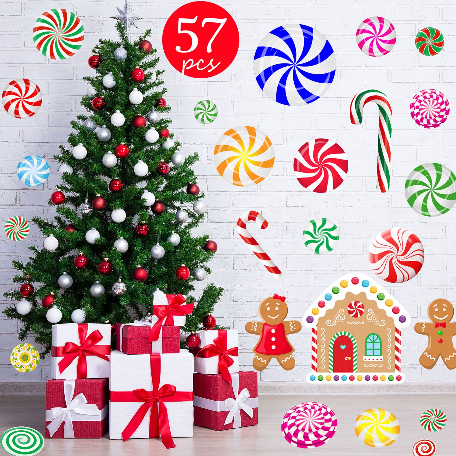 Funnlot 57Pcs Peppermint Floor Decals Christmas Wall Stickers Christmas Decals For Wall Christmas Stickers For Wall Candy Wall S