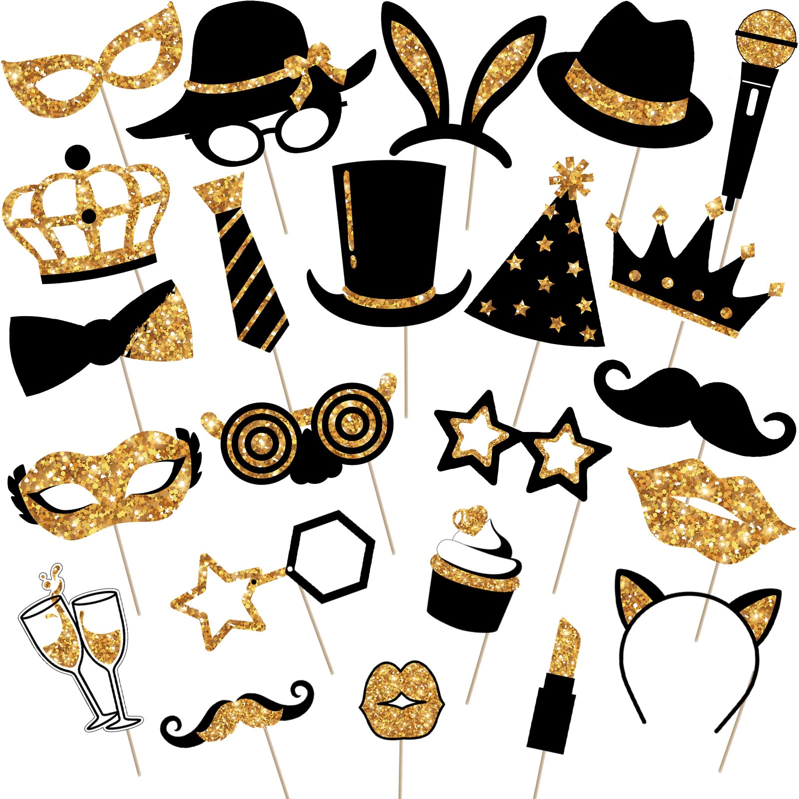 24 Pieces Party Photo Booth Props For Birthday Weddings Graduation Prom New Year Party Supplies Mix Of Hats, Lipstick, Tie, Crow