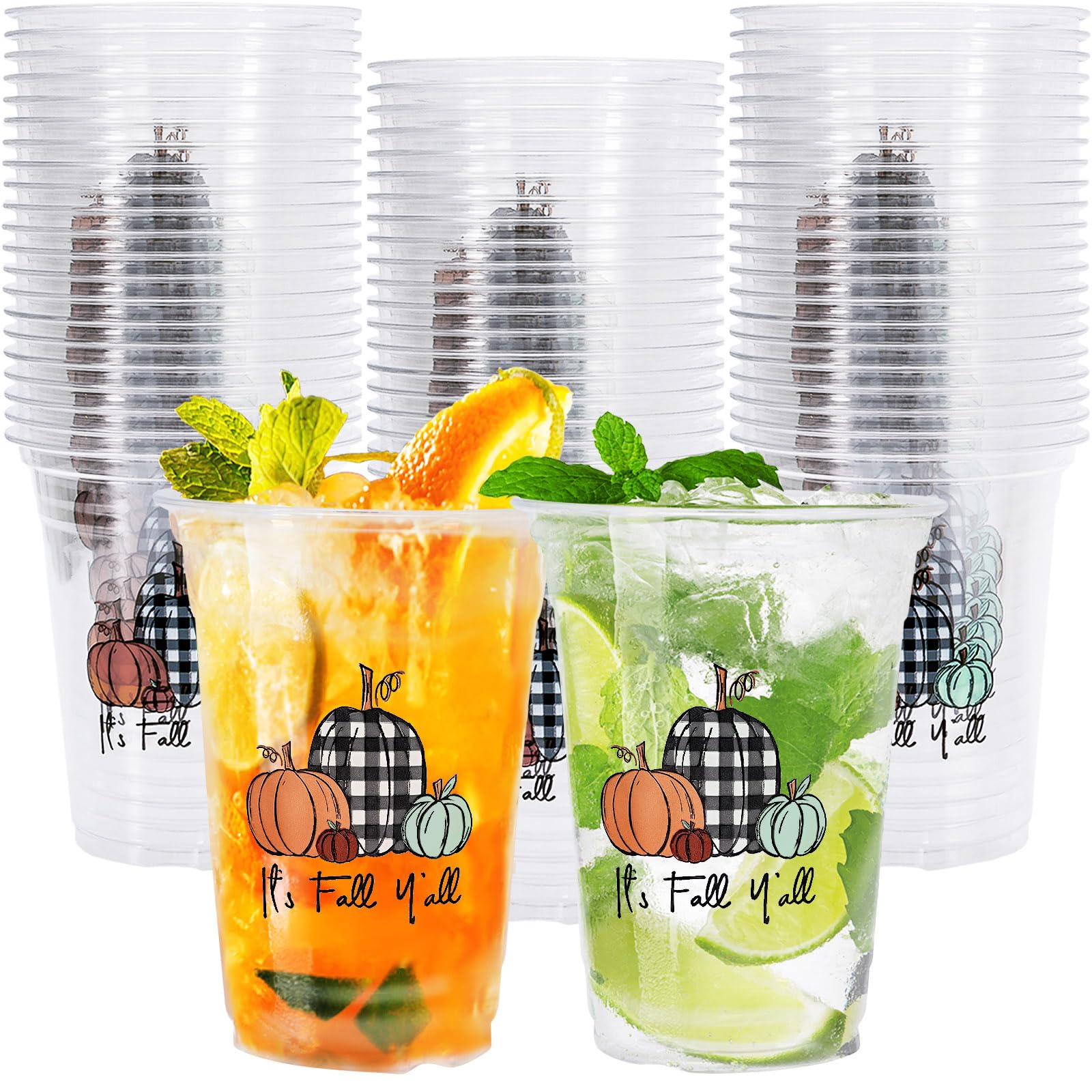 Whaline 50 Pieces 12 oz Fall Disposable Cups Black White Plaid Pumpkin Plastic Party Cups Happy Fall Clear Plastic Glasses for A