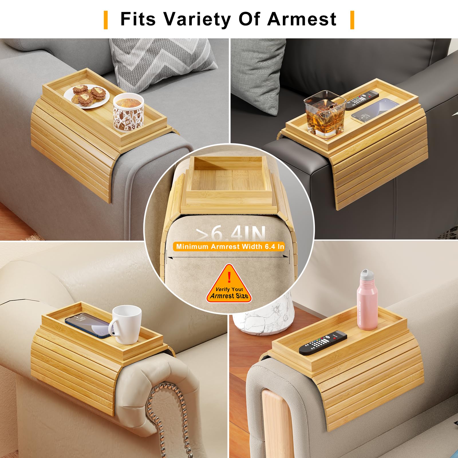 Bestjing Bamboo Sofa Armrest Tray Table For Couch - 2-In-1 Couch Arm Table With Be Slide Detachable Tray - Anti-Slip Foldable So