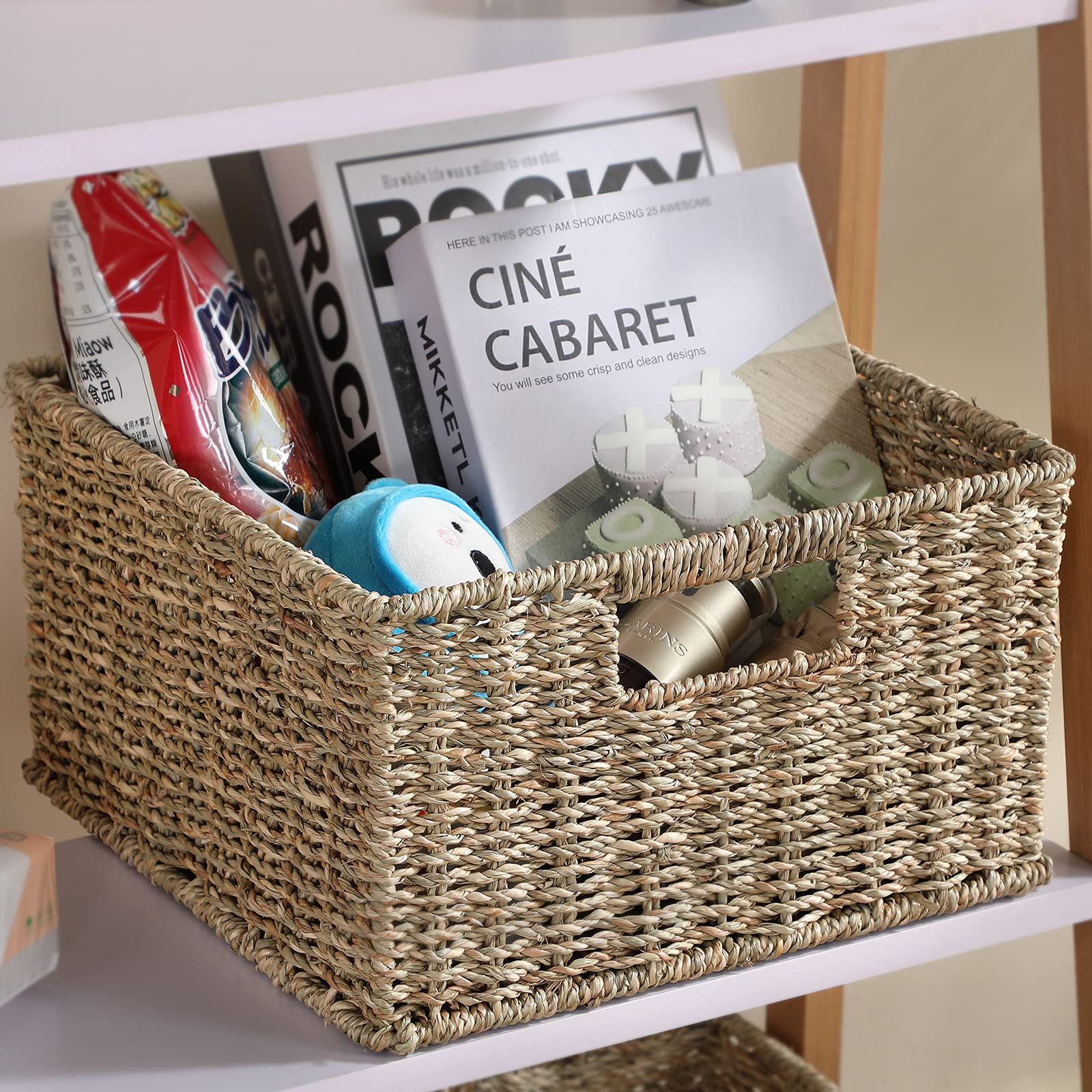 HOONEX Wicker Storage Baskets for Organizing  Decorative Woven Seagrass Baskets for Storage with Carrying Handles  Set of 2  Natural