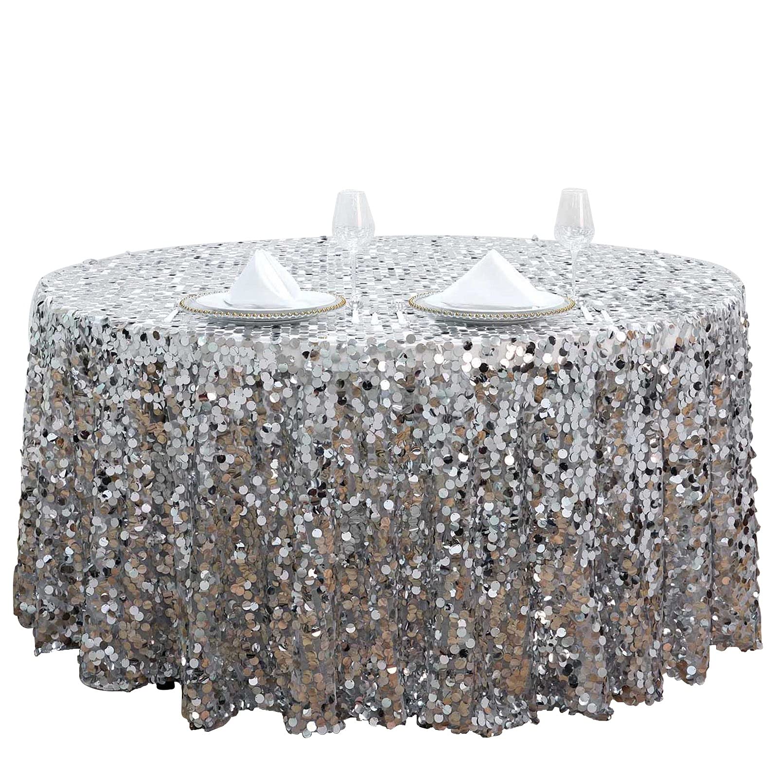 Balsacircle 120-Inch Silver Big Payette Round Xl Sequin Tablecloth Table Linens Wedding Party Events Decorations Kitchen Dining