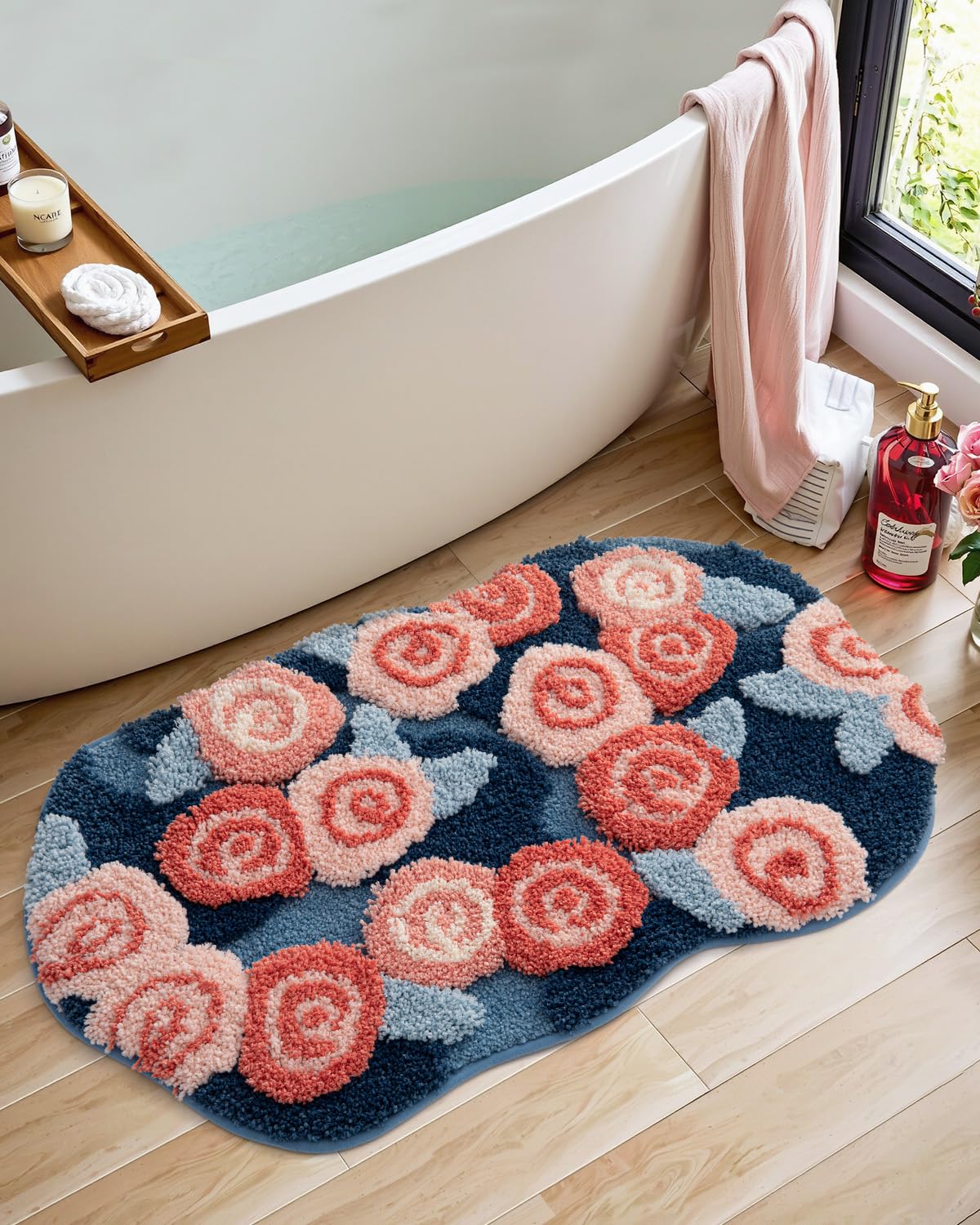 Dexi Flower Bath Mat, Ultra Thick Soft Floral Bathroom Rug, Water Absorbent Non Slip Microfiber Rugs For Shower Floor, Sink, Bed