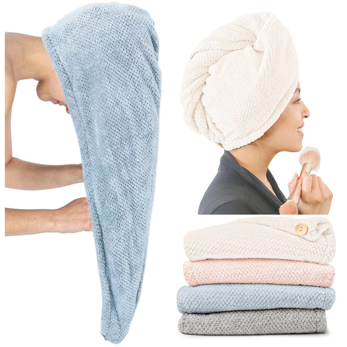 ROLSHOL 4 Pack Extra Large Microfiber Hair Towel Wrap for Women Super Absorbent & Quick Dry Hair Drying Towels with Button, Hair