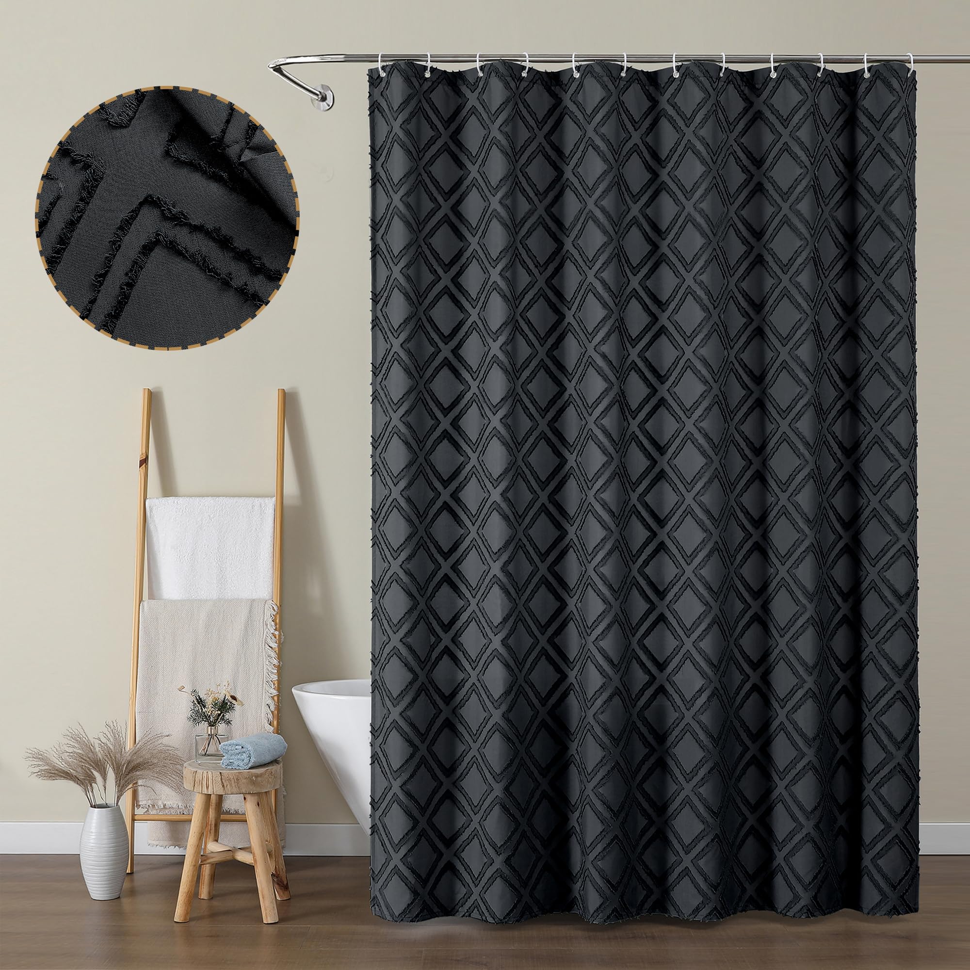 Owenie Solid Black Fabric Shower Curtain For Bathroom, Farmhouse Boho Shower Curtain- Soft Cloth & Hotel Spa Quality, Machine Wa