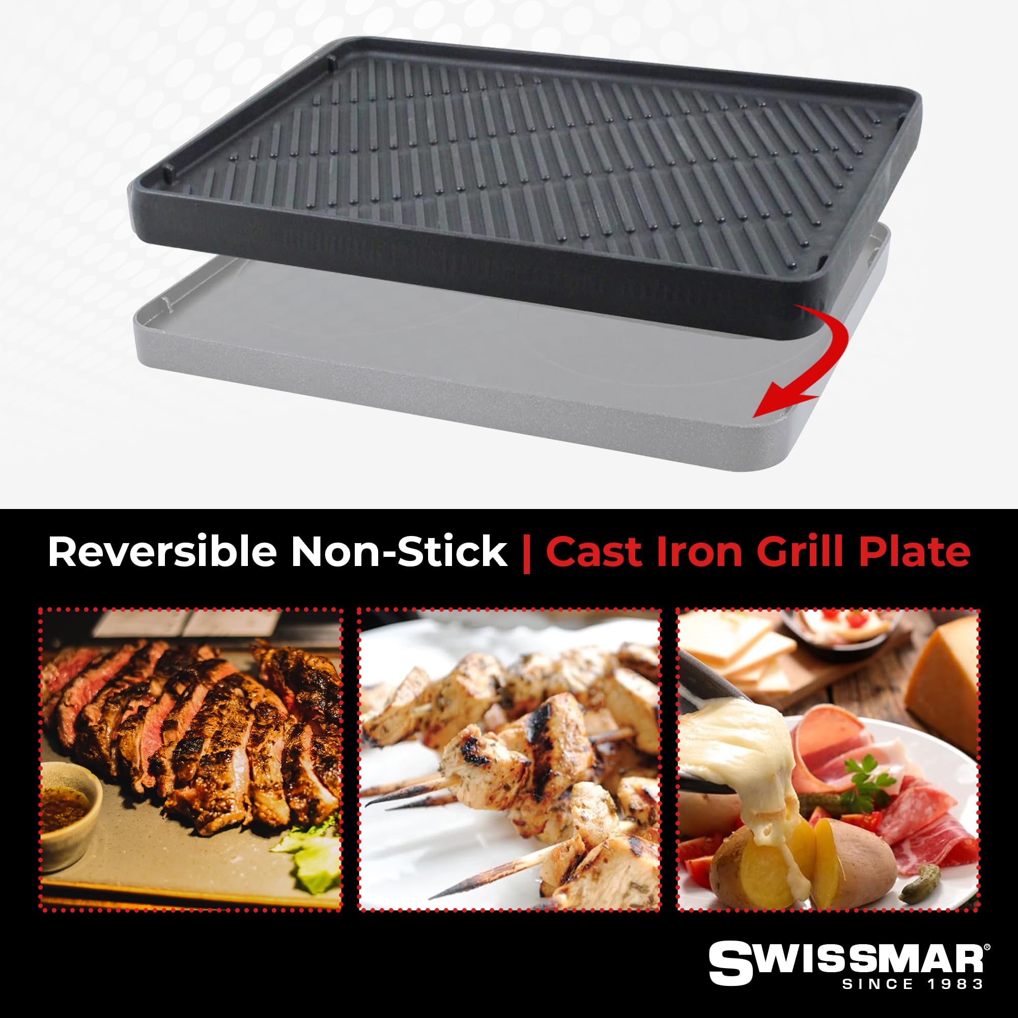 Swissmar Classic 8-Person Raclette Party Grill With Reversible Cast Iron Grill Plate/Crepe Top, Indoor Electric Raclette Grill &