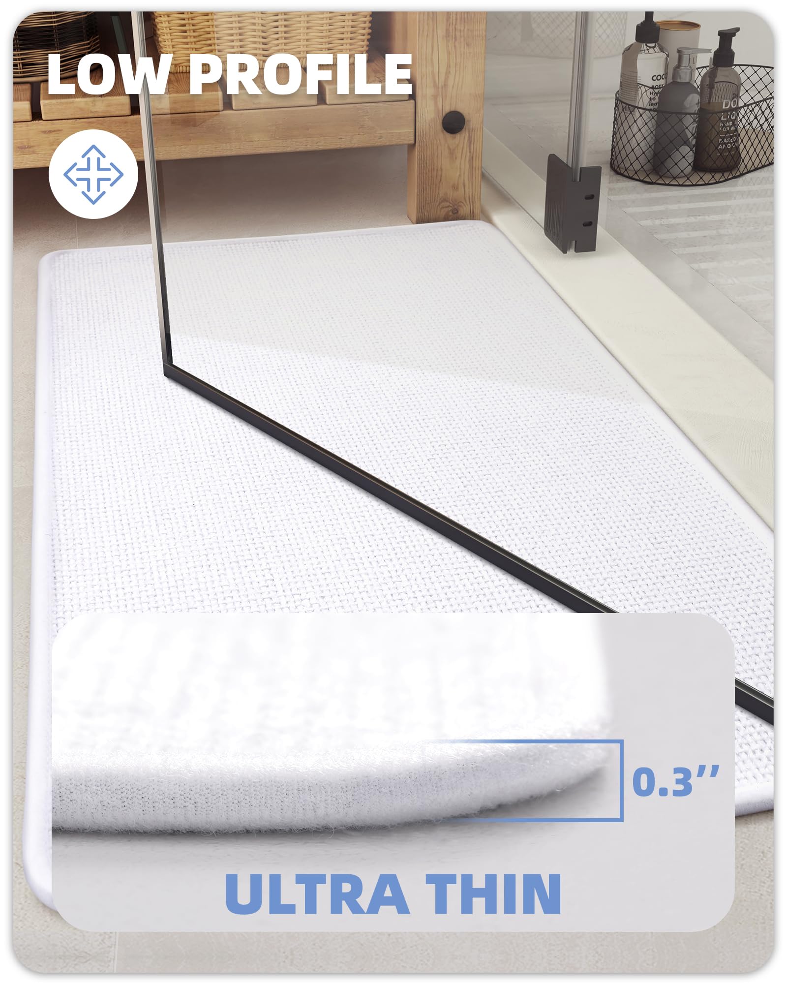 Color&Geometry White Bathroom Rugs Chenille Bath Mat- Absorbent, Non Slip, Quick Dry, Thin, Washable- 16''X24'' Bath Mats For Ba