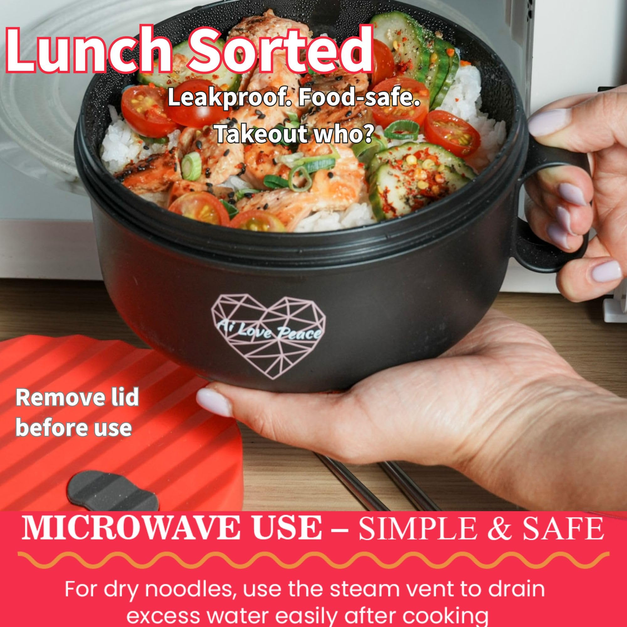 AI LOVE PEACE Ramen Bowls, 40 oz Large Microwavable Noodle Bowls (2 Red) with Wooden Utensils, Chopsticks, and Utensil Bag, Port