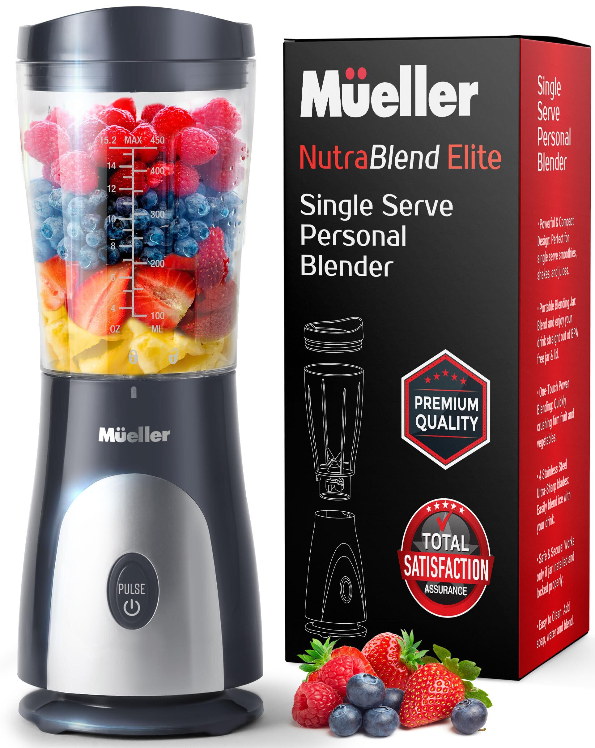 Mueller Personal Blender For Shakes And Smoothies With 15 Oz Travel Cup And Lid, Juices, Baby Food, Heavy-Duty Portable Blender