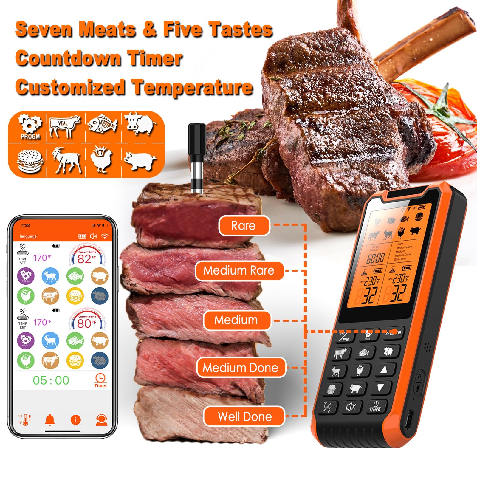Vacuum Sealers Unlimited Smart Bluetooth Meat Thermometer - Long Range Wireless Food Thermometer, Temp Monitor With Dual Probes