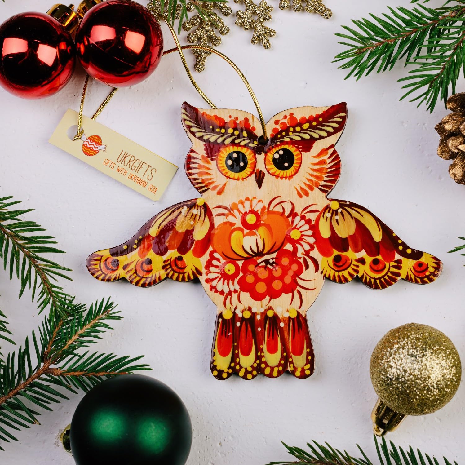 Rustic Christmas Tree Ornament Owl made of Wood Colorful Floral hand-painted on both sides 4,7 ? 3,7 ? 0,2 Inch.Traditional Ukra
