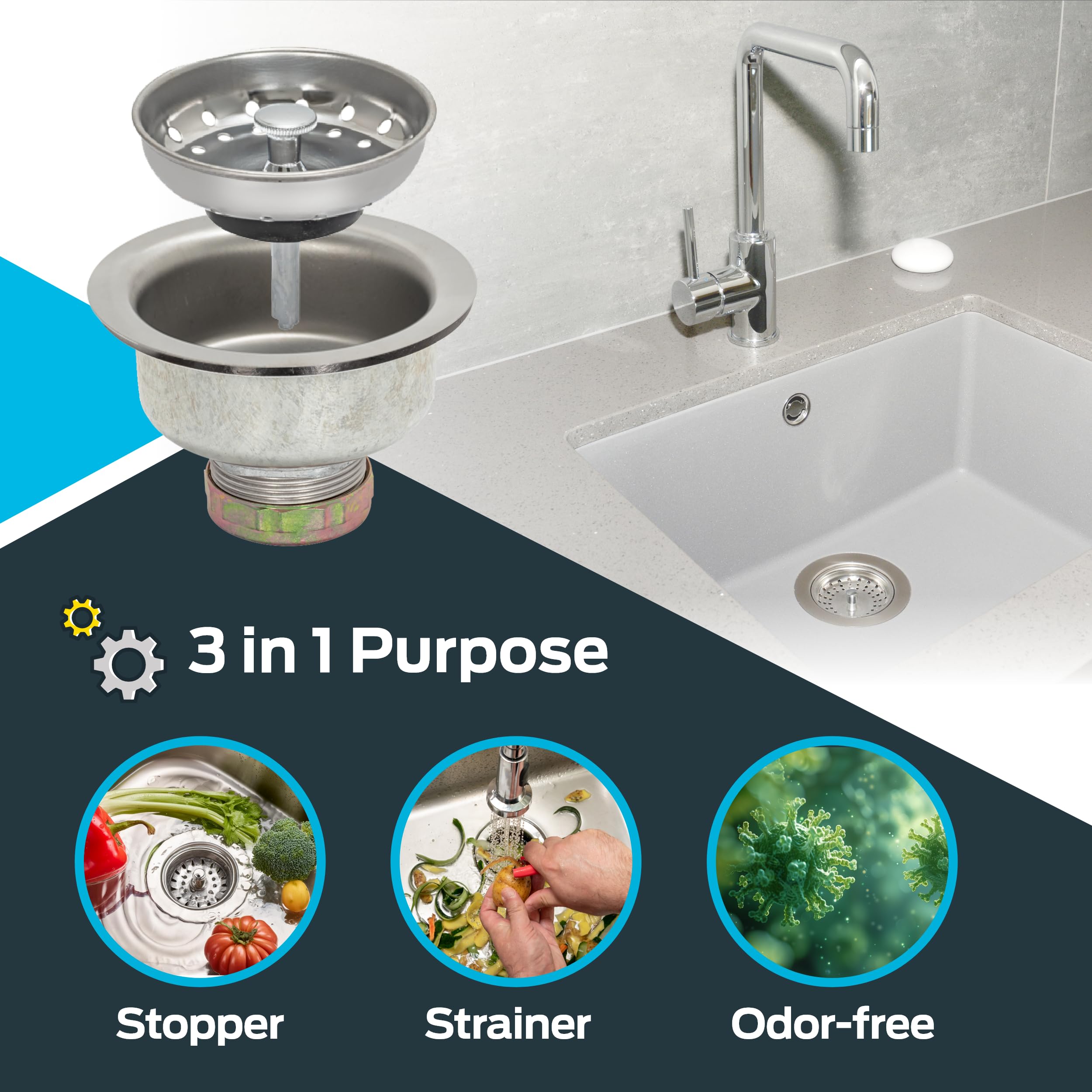 Ez-Flo Double Cup Kitchen Sink Drain Assembly, Sink Strainer Fits 3-1/2 Inch To 4 Inch Opening, 1-1/4 Inch Standard Shank, Stain