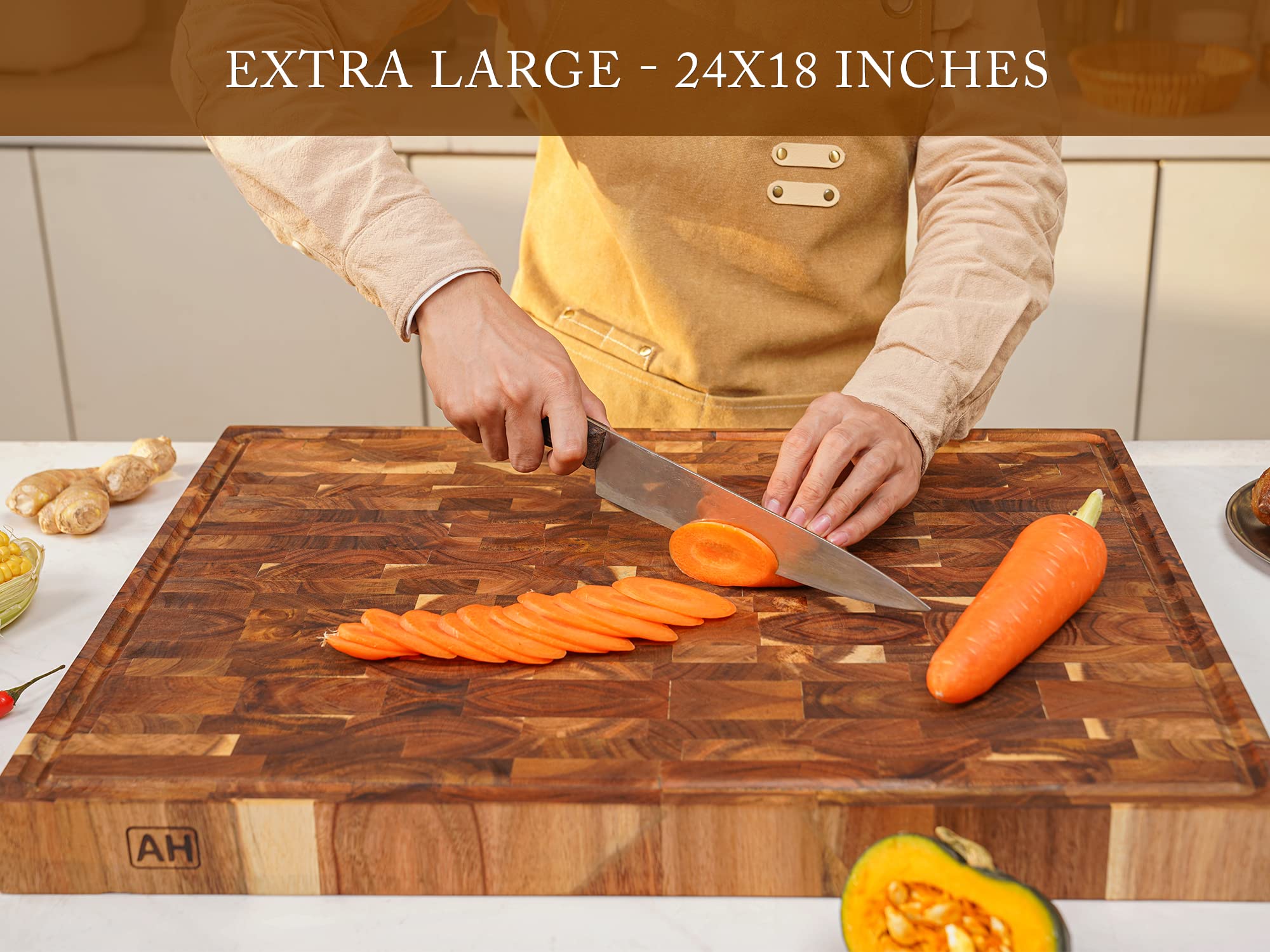 AZRHOM Thick End Grain Acacia Wood Cutting Board 24x18x2 In, Wooden Butcher Block, Chopping Board For Kitchen with Juice Groove