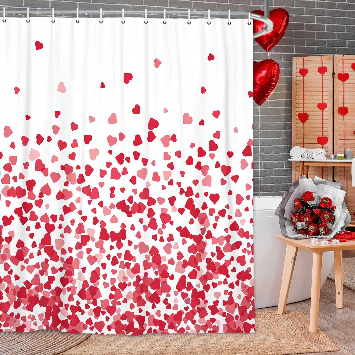 Jawo Heart Shower Curtain, Valentine'S Day Falling Red Heart Fabric Bathroom Curtain And Hooks, Valentine'S Day Pink Love Waterp