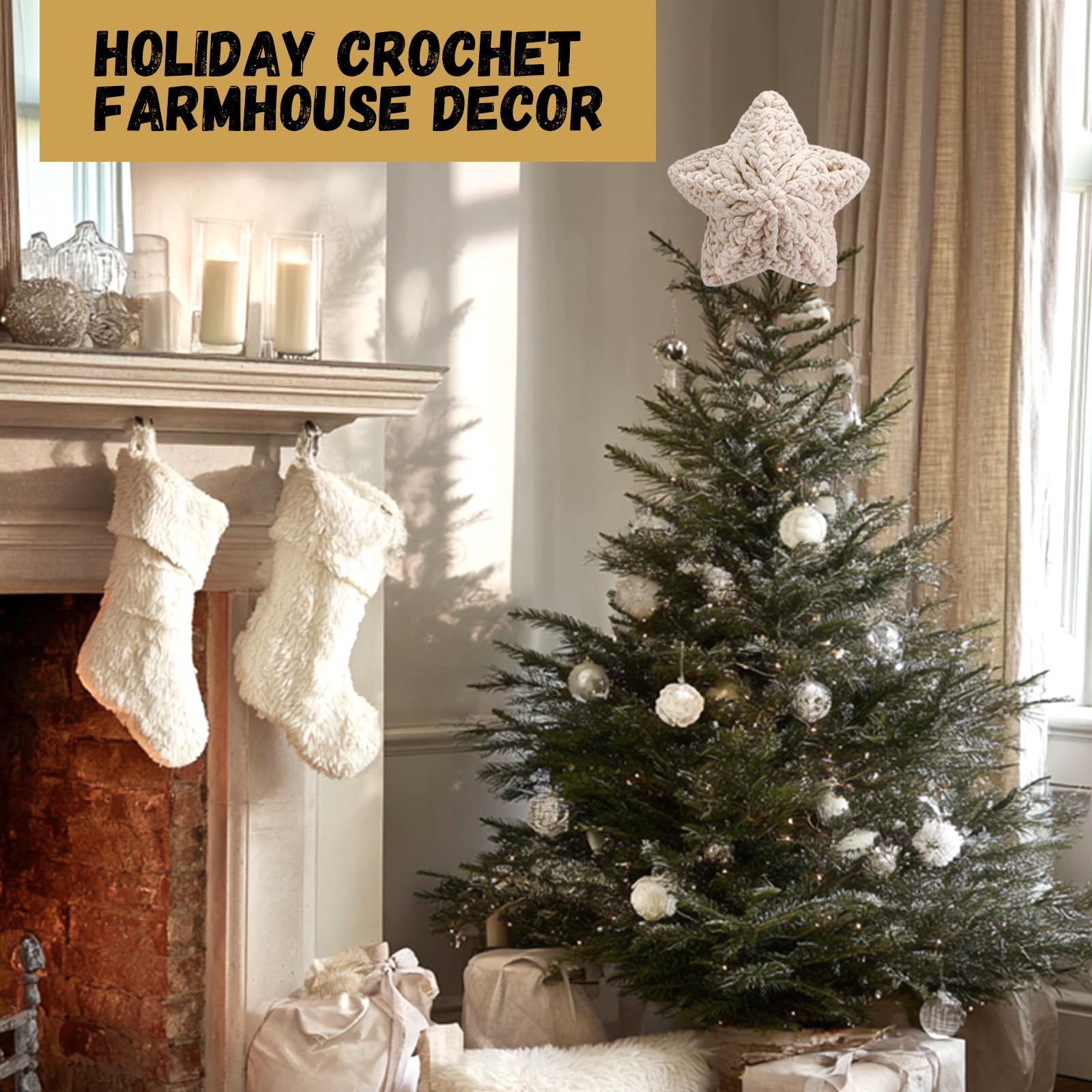Syhood 10 Inch Star Christmas Tree Topper Crochet Chunky Yarn Star Xmas Decor for Christmas Tree Ornament Farmhouse Holiday Part