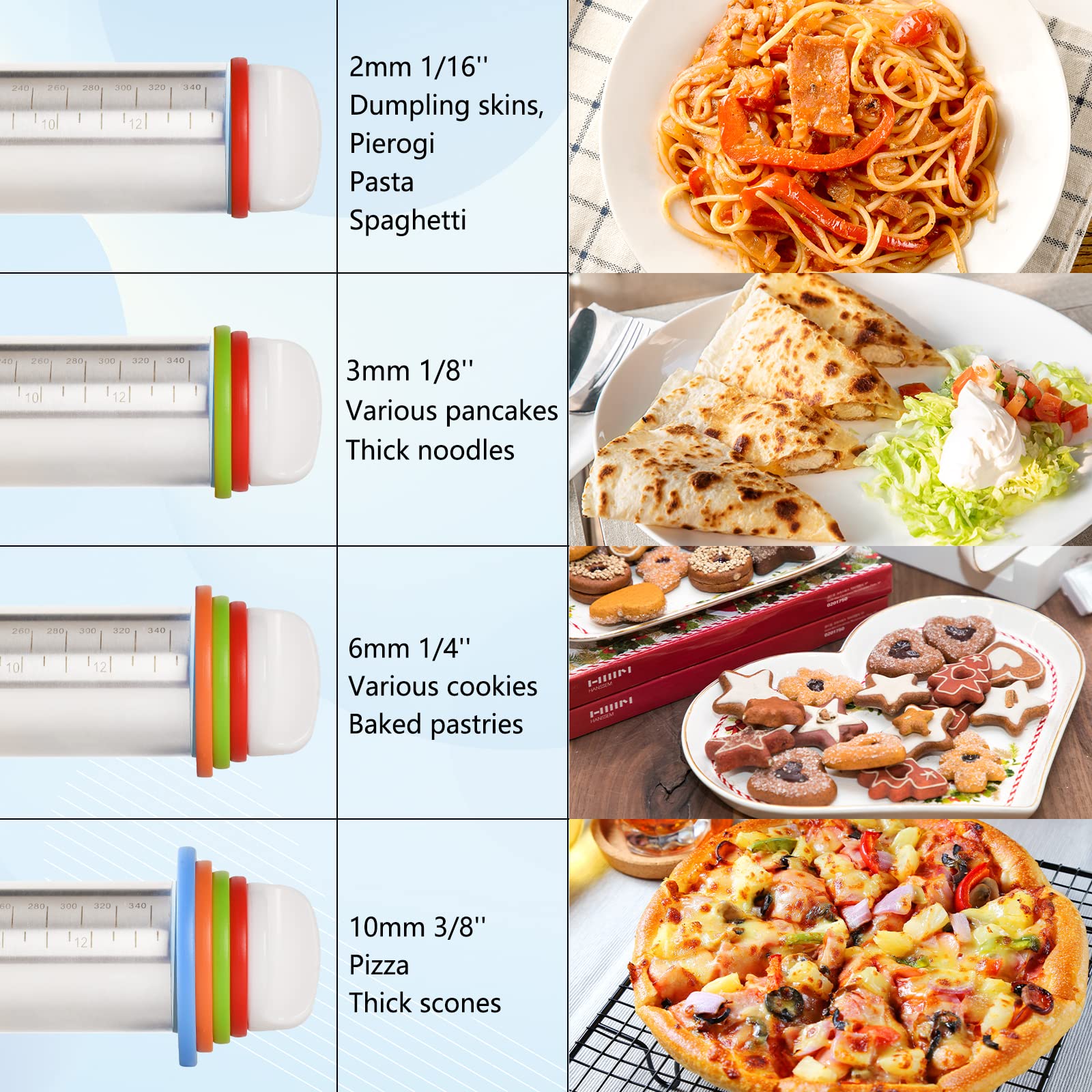 Adjustable Rolling Pin With 4 Thickness Rings, Stainless Steel Dough Roller Pizza Roller Handle Press Design With Measurement Gu