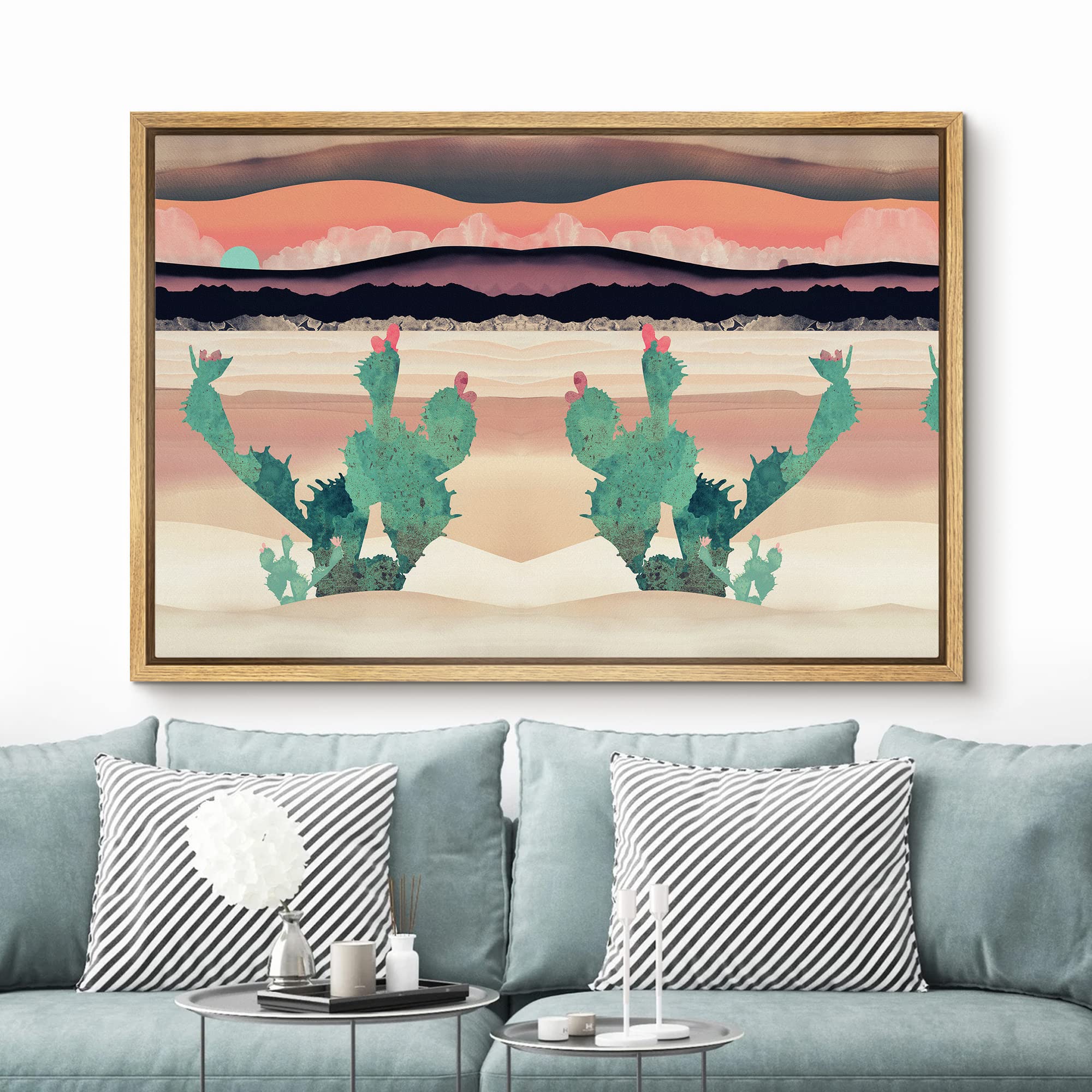Signford Framed Canvas Print Wall Art Green Desert Cactus With Pink Flowers Abstract Wilderness Illustrations Modern Art Rustic
