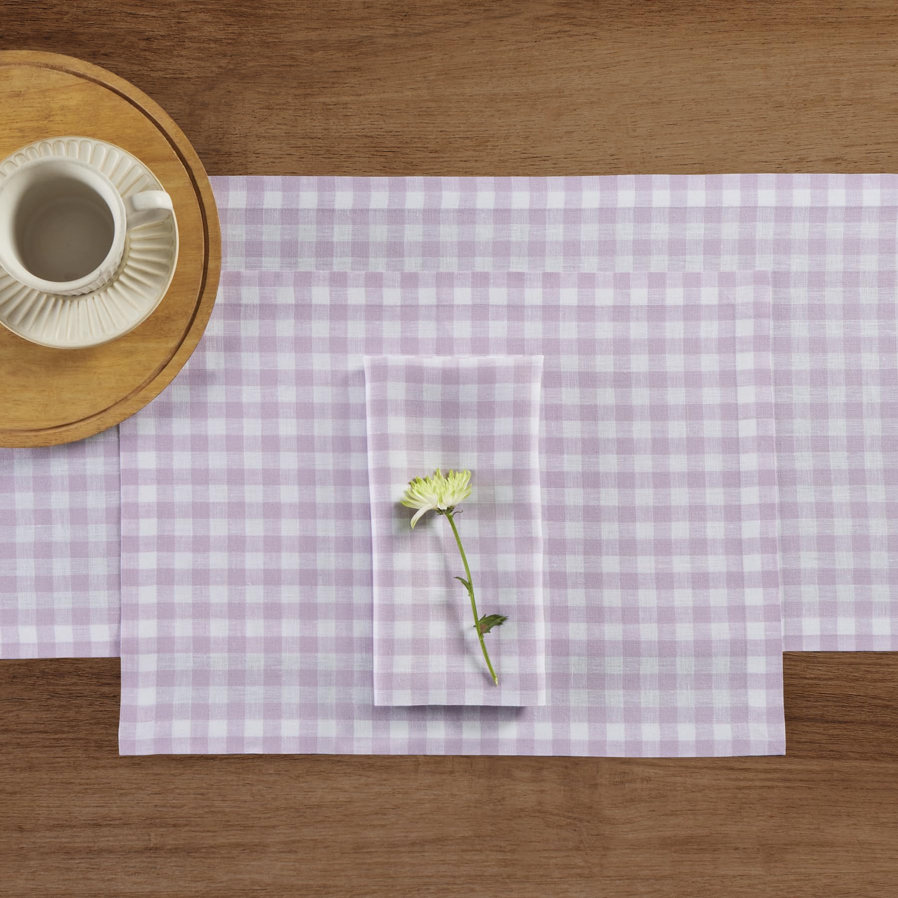 Solino Home Linen Placemats 14 X 19 Inch - 100% Pure Linen Lilac Plaid Cloth Placemats Set Of 4 - Gingham Check, Washable Fabric