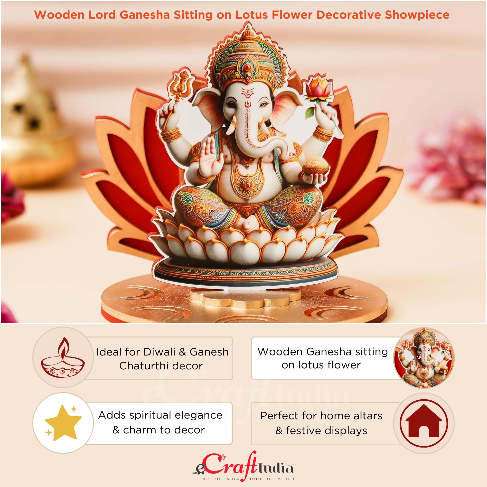 Ecraftindia Mdf Wooden Lord Ganesha Sitting On Lotus Flower Decorative Showpiece For Diwali, Lakshmi Puja, Ganesh Chaturthi Fest