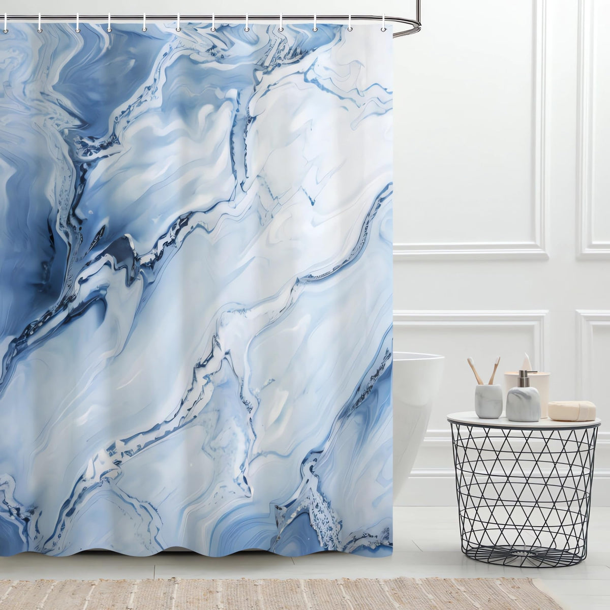 Ruelvth Blue Shower Curtain, Ombre Blue Marble Shower Curtain For Bathroom Modern Aesthetic Waterproof Fabric Shower Curtain Set
