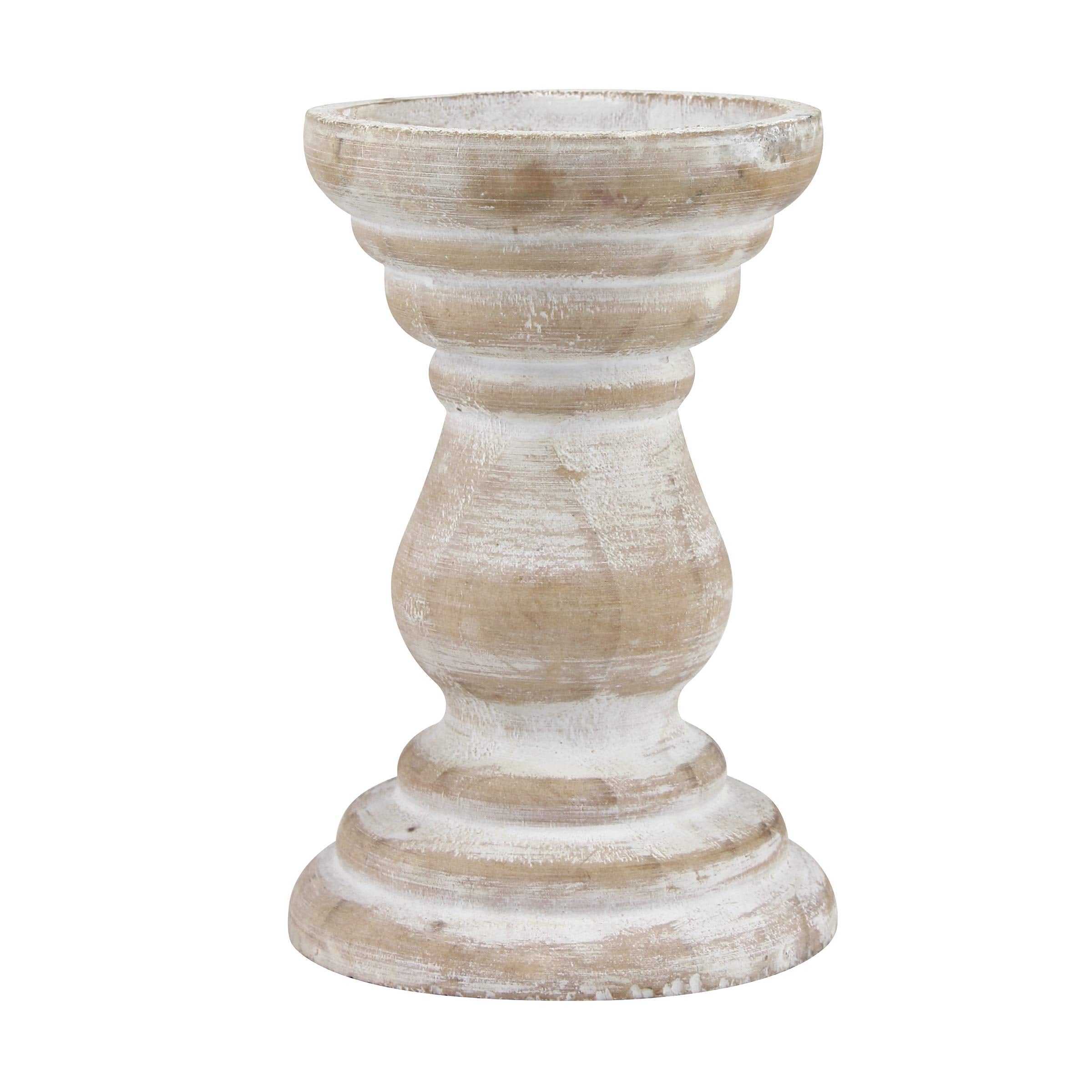 Stonebriar Antique White Wooden Pillar Candle Holder, Vintage Seaside Pillar Stand for Dining Table Centerpiece, Coffee Table, M