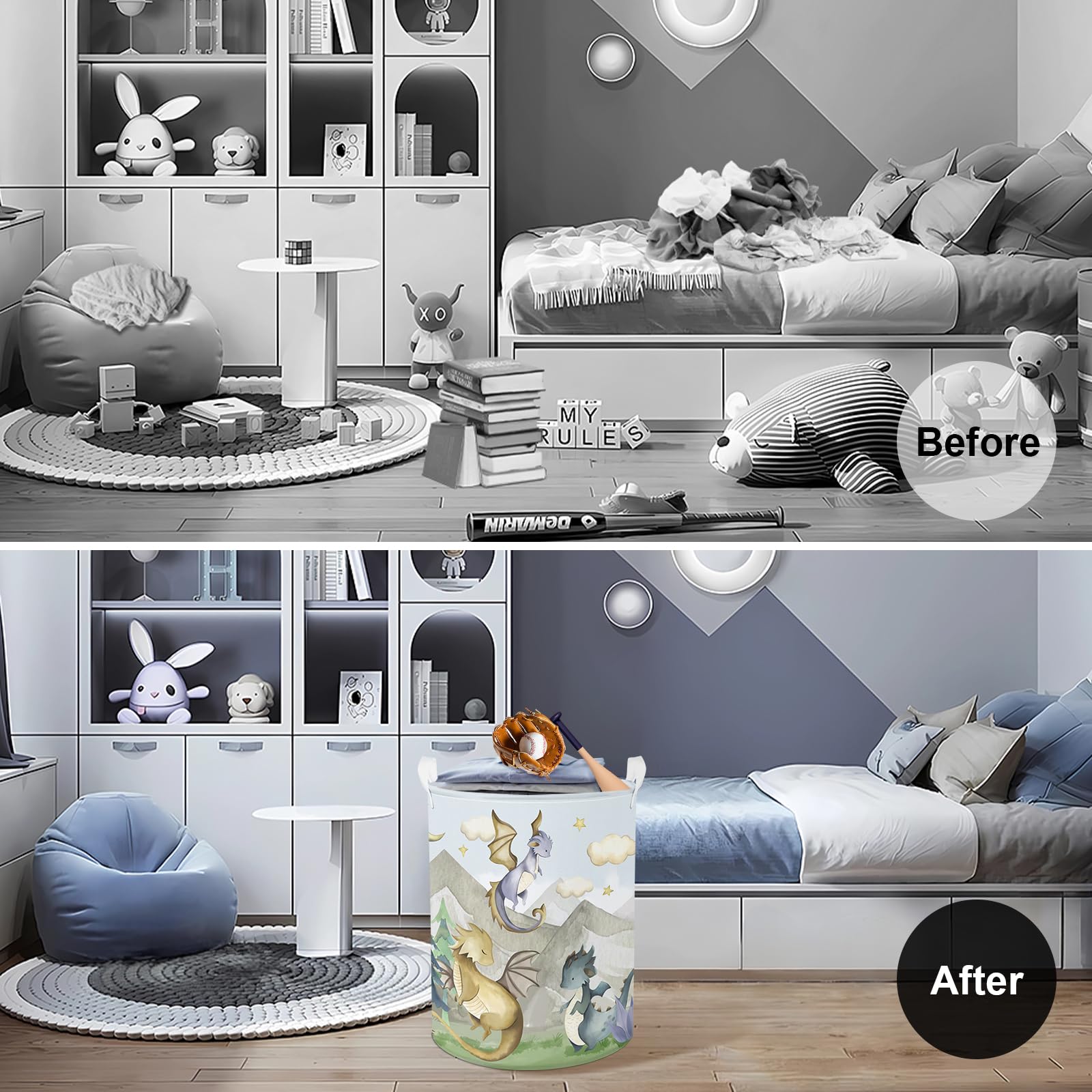 Clastyle 63L Large Dragon Kid Laundry Hamper With Handle For Boy Girl Collapsible Clothes Toy Storage Basket With Lid For Bedroo