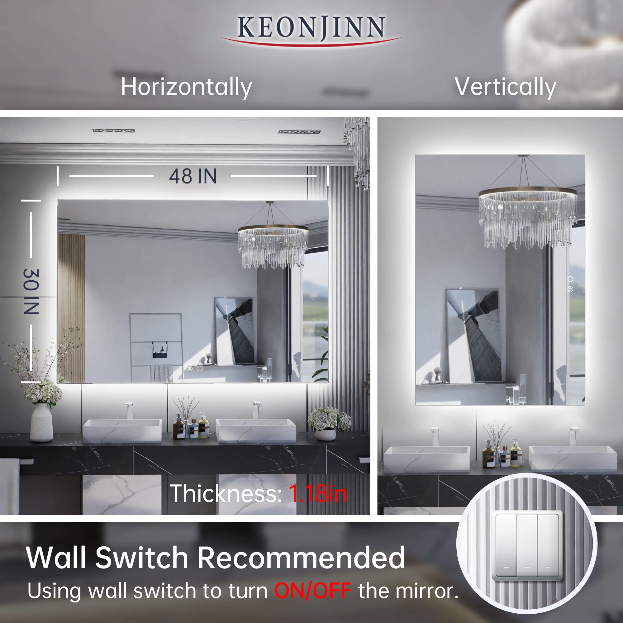 Keonjinn 48 X 30 Inch Backlit Mirror Bathroom, Led Mirror For Bathroom Mirror With Lights Large Wall Mounted Anti Fog Lighted Mi