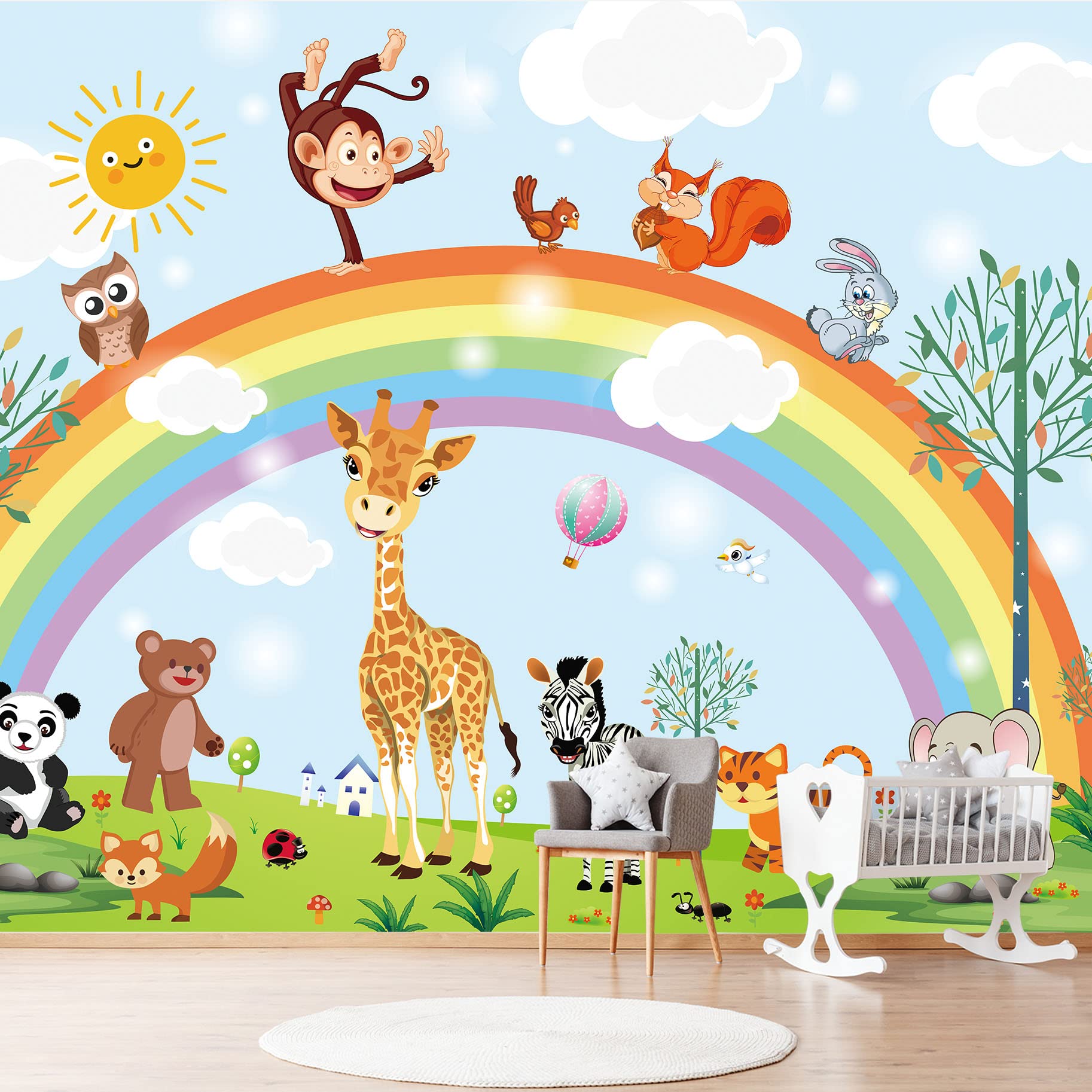 MFWFM Rainbow Kids Wallpaper Nursery Cartoon Animal Fairy Colorful Wall Mural for Bedroom Living Room (Not Peel n Stick)