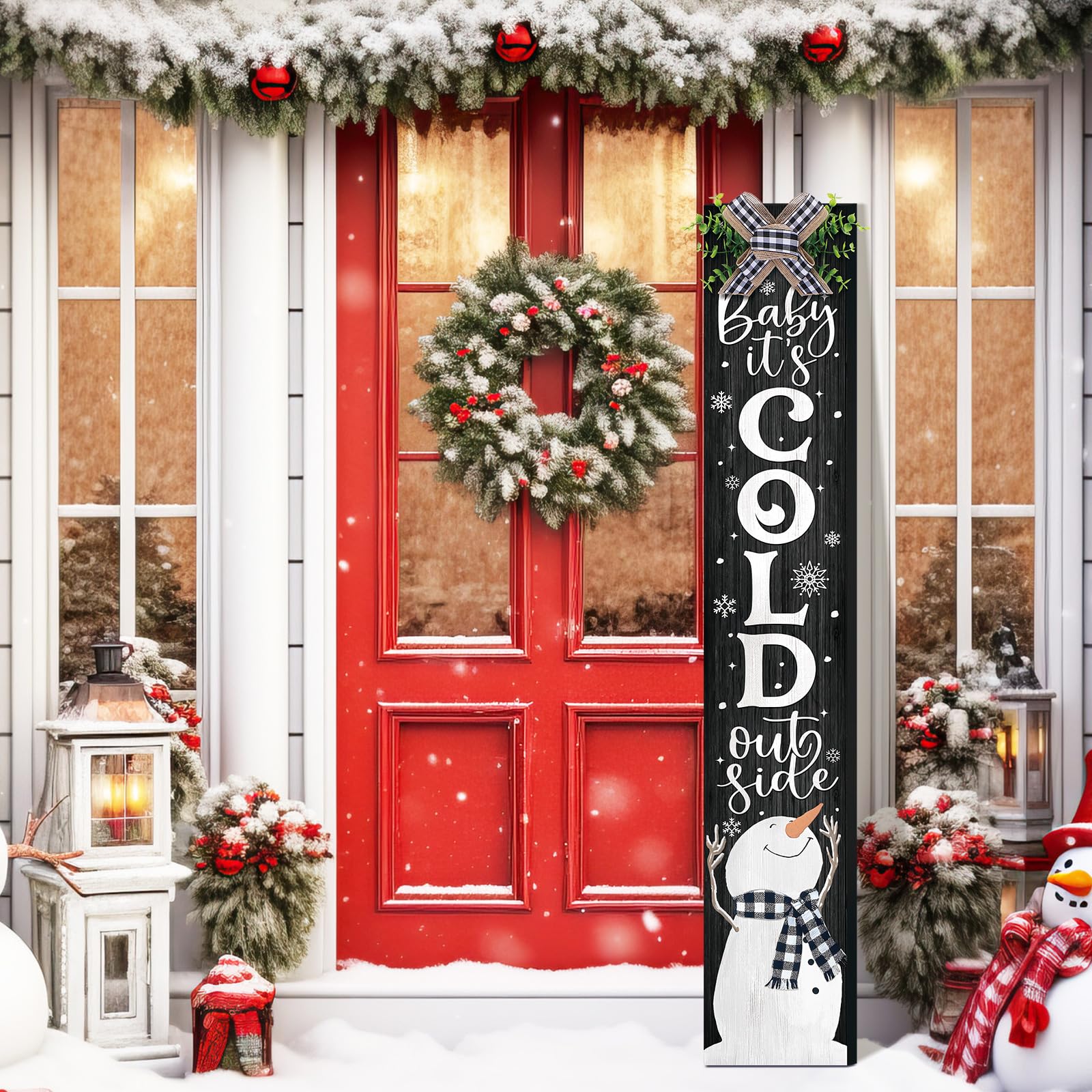 Chitidr Christmas Porch Sign Baby It's Cold Outside Snowman Hanging Decor 42'' Rustic Vertical Welcome Wooden Sign with Lanyard