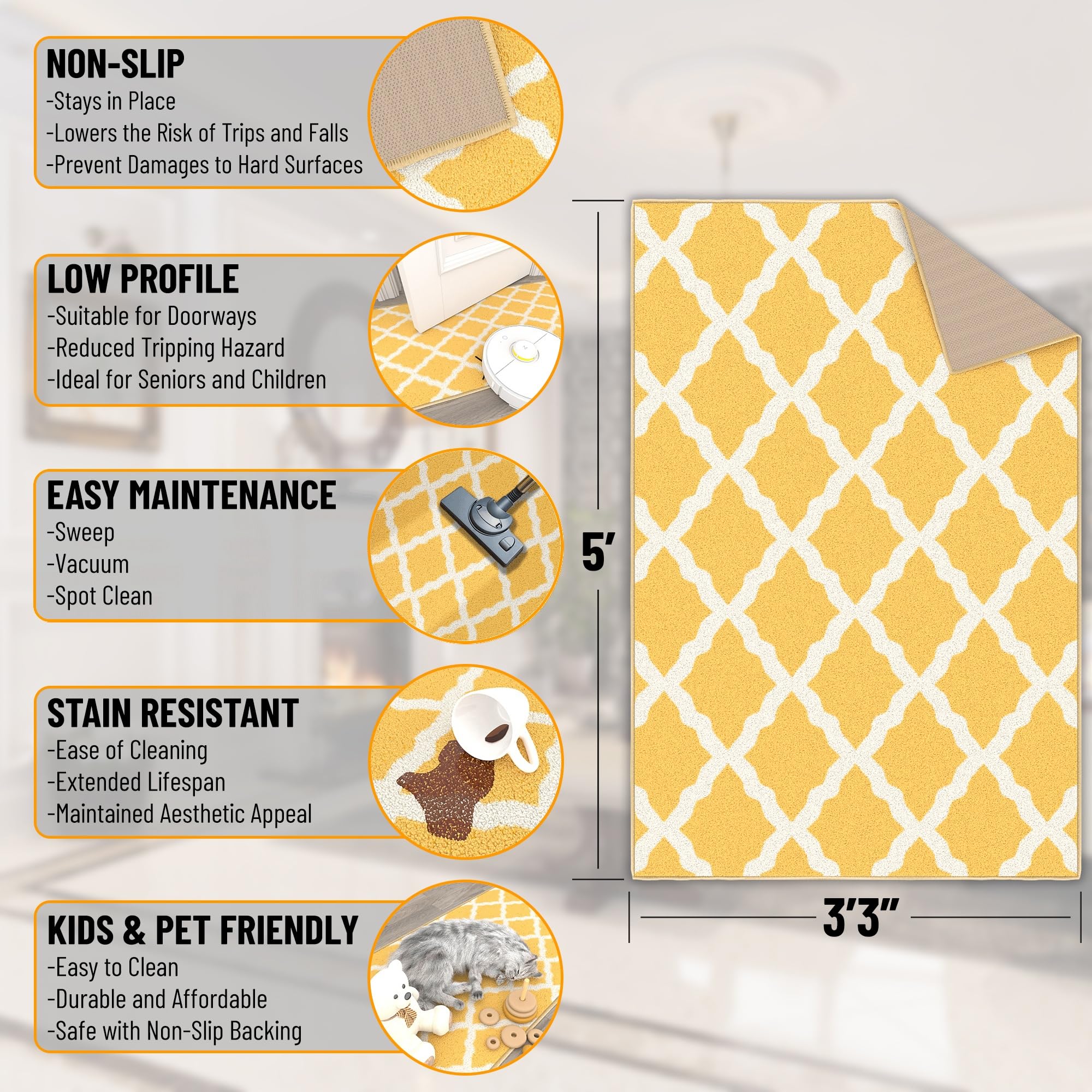 Ottomanson 3'3 x 5' Rugs for Living Room Trellis Area Rug for Bedroom - Non Slip Durable Large Floor Carpet for High Traffic Are