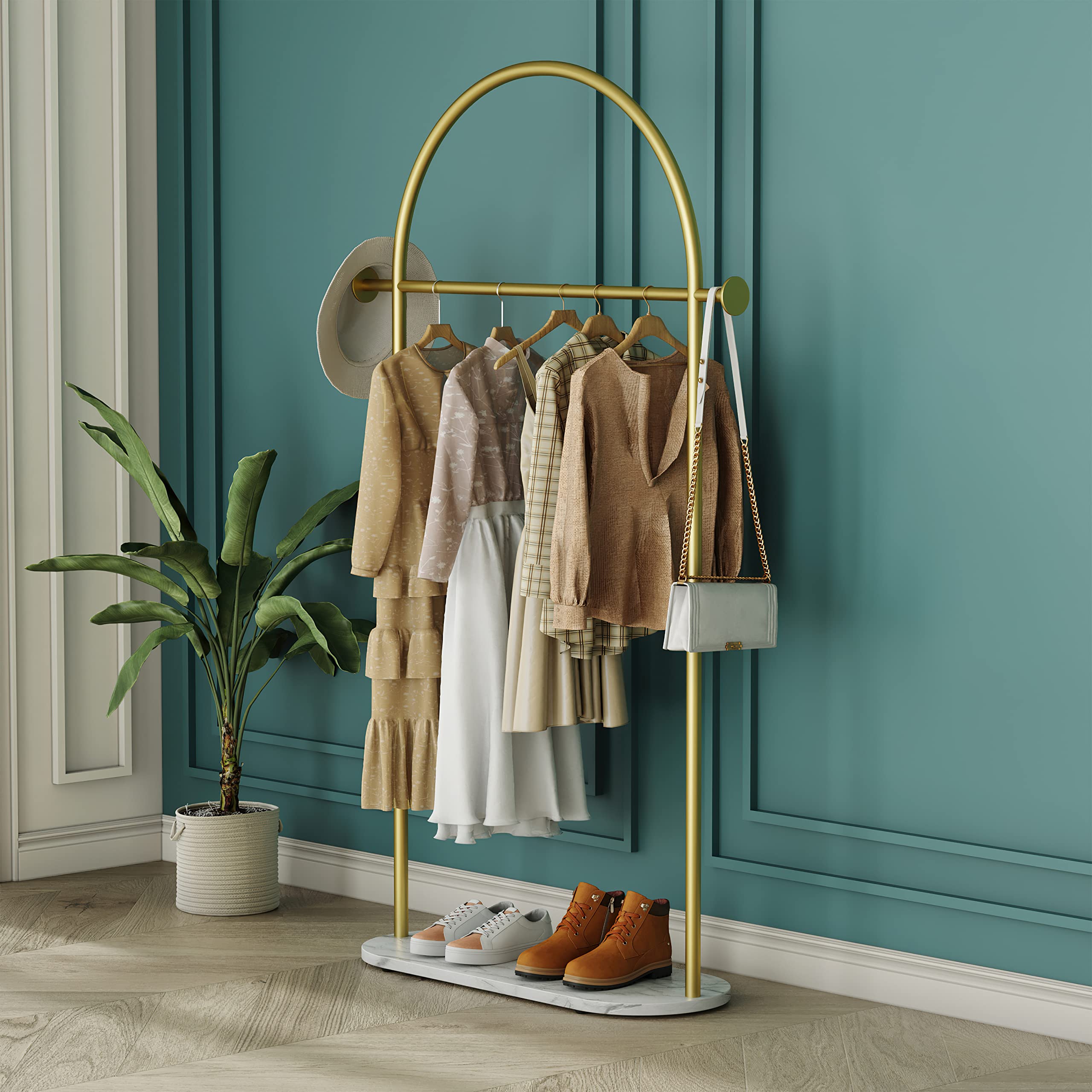Gold Clothing Rack, Modern Clothes Rack With Marble Base, Heavy-Duty Coat Racks Freestanding For Boutiques, Can Hang Jacket Garm