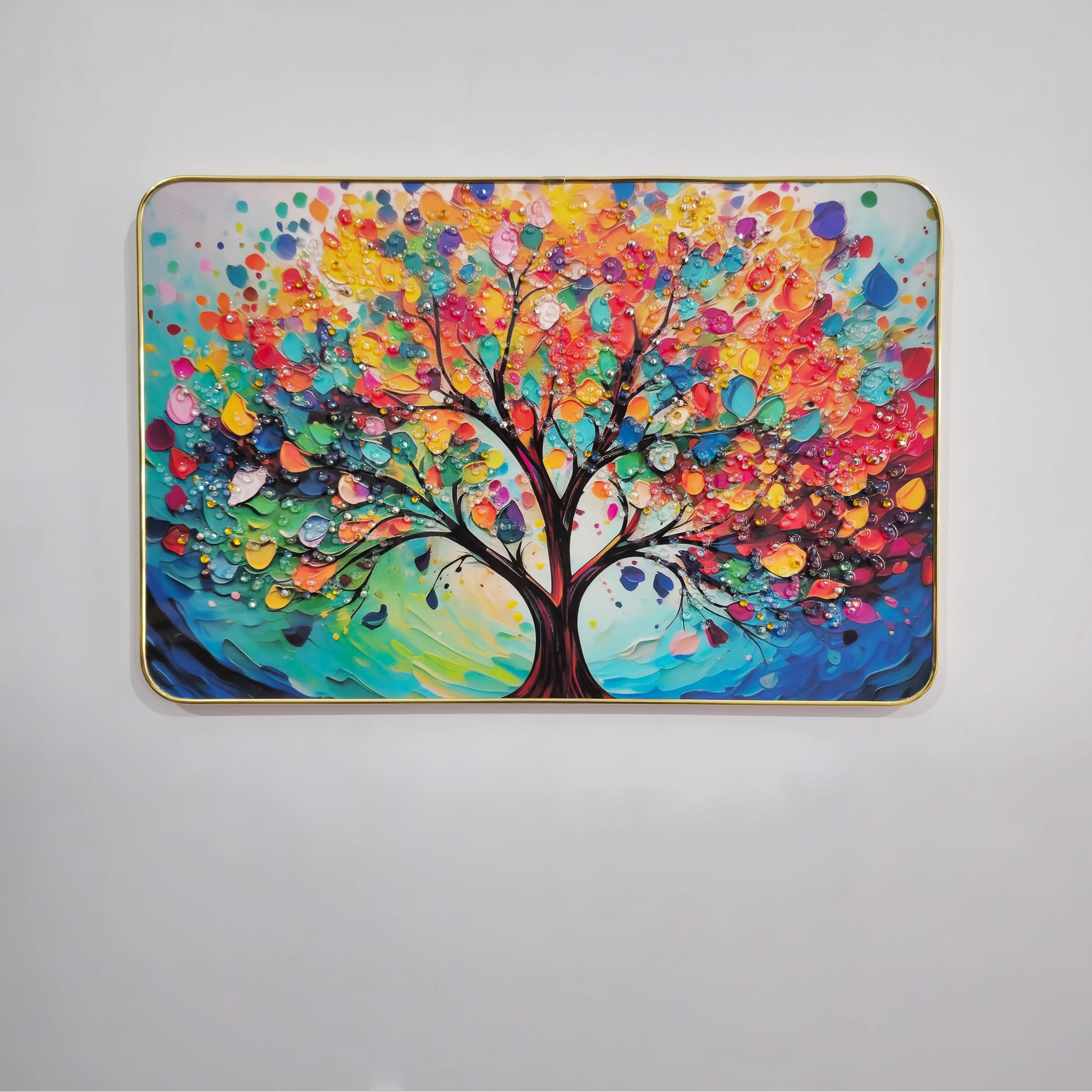 Masstone Decorative Tree Wall Painting With Crystal Embedded High Gloss Surface Gold Slim Frame Embossed, 45X30 Cm Wall Hanging 
