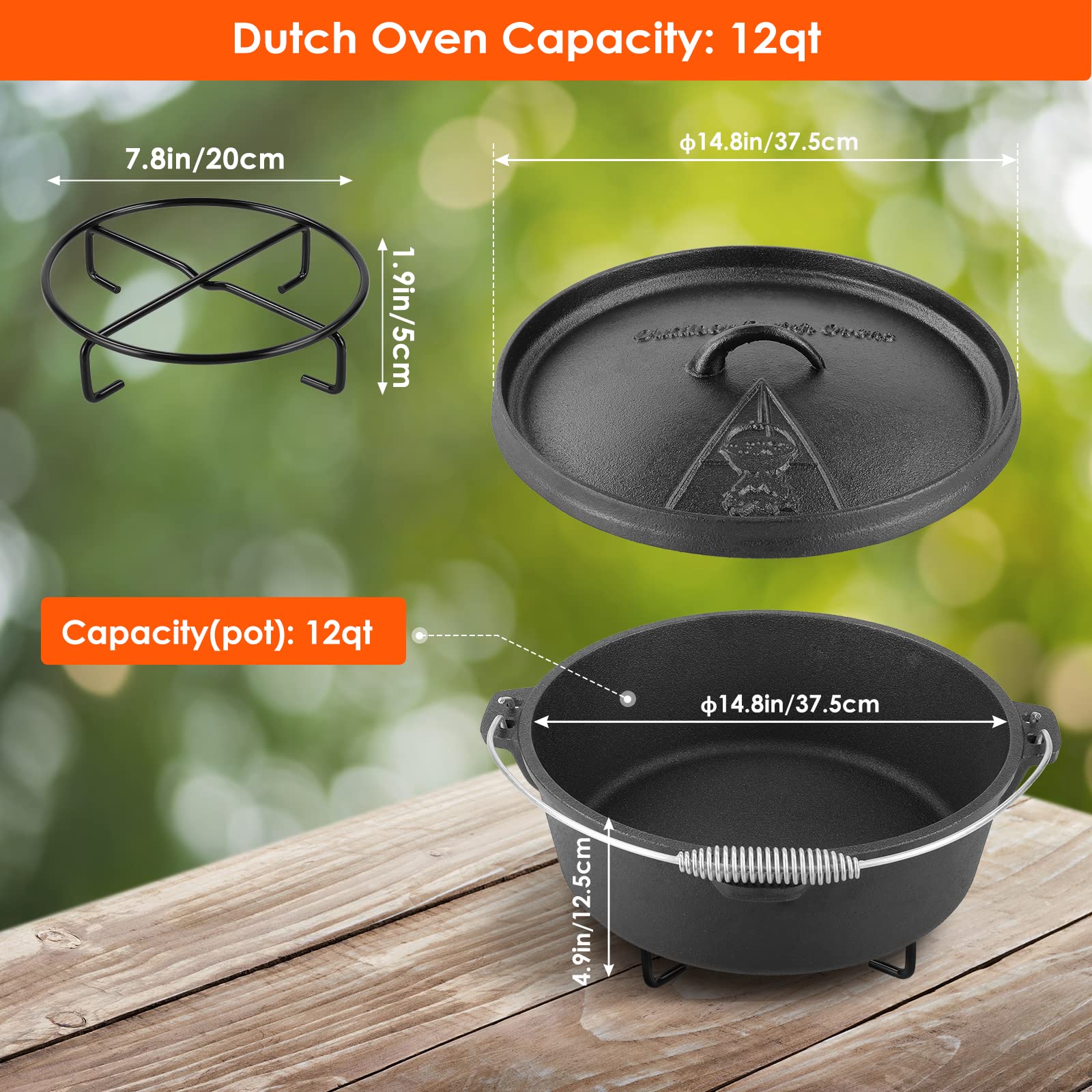 Liferun Dutch Oven Pot With Lid, 12 Quart Cast Iron Dutch Oven, Without Feet, With Stand & Spiral-Shaped Handle, Cast Iron Pot F