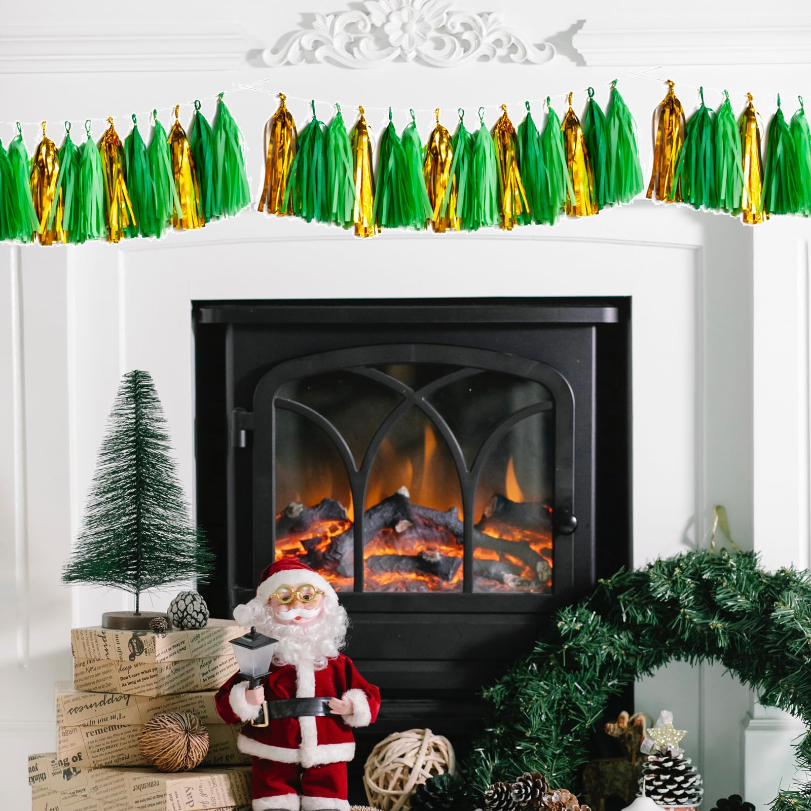 Green and Gold Tassel Garland,Tissue Tassel Banner for Party Decorations,Pack of 15