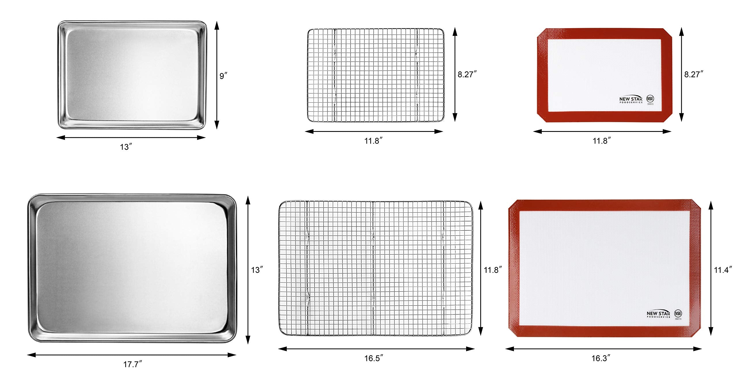 New Star Foodservice 1028751 Commercial-Grade Bun Pan/Baking Sheet, Baking Mat, Cooling Rack Combo, 1/4 And 1/2 Sizes Each