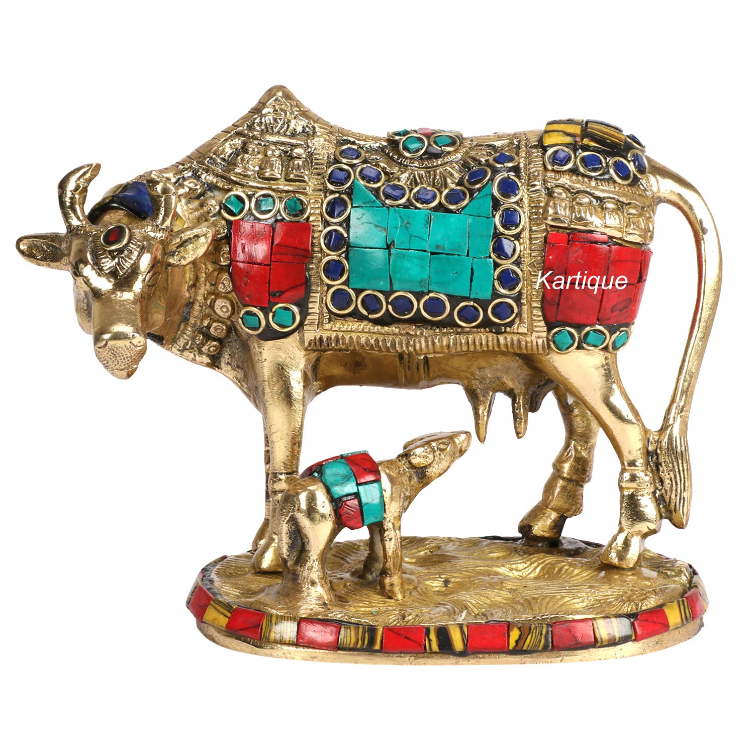 Kartique Brass Murti Kamdhenu Holy Cow and Calf Gau MATA Kamadhenu Surabhi for Home Decor Vastu Feng Shui Good Luck Statue Multi