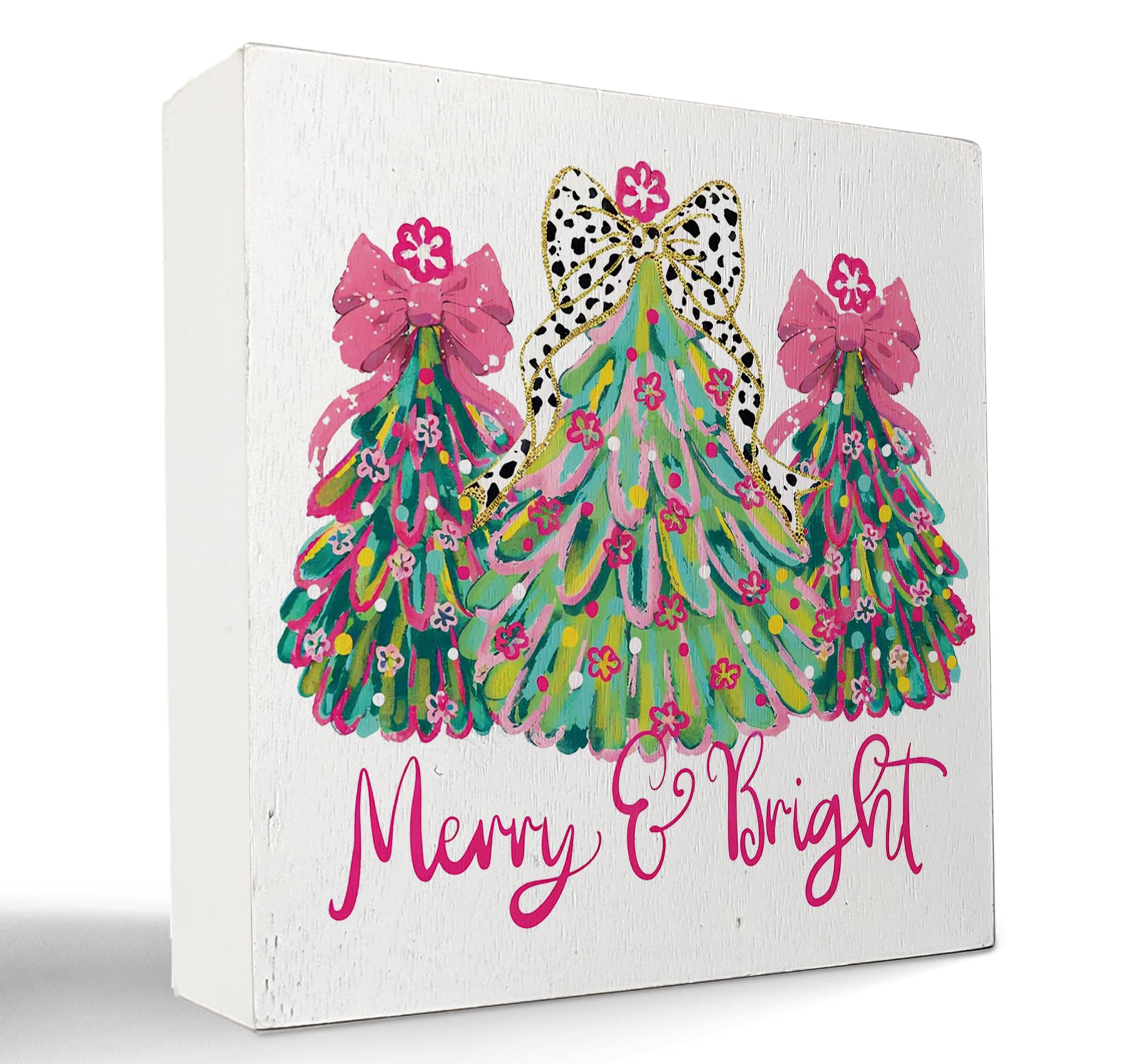 kunlisa Coquette Christmas Tree Wooden Sign, Preppy Christmas Home Decor, Girly Colorful Floral Xmas Tree Wood Box Sign for Home