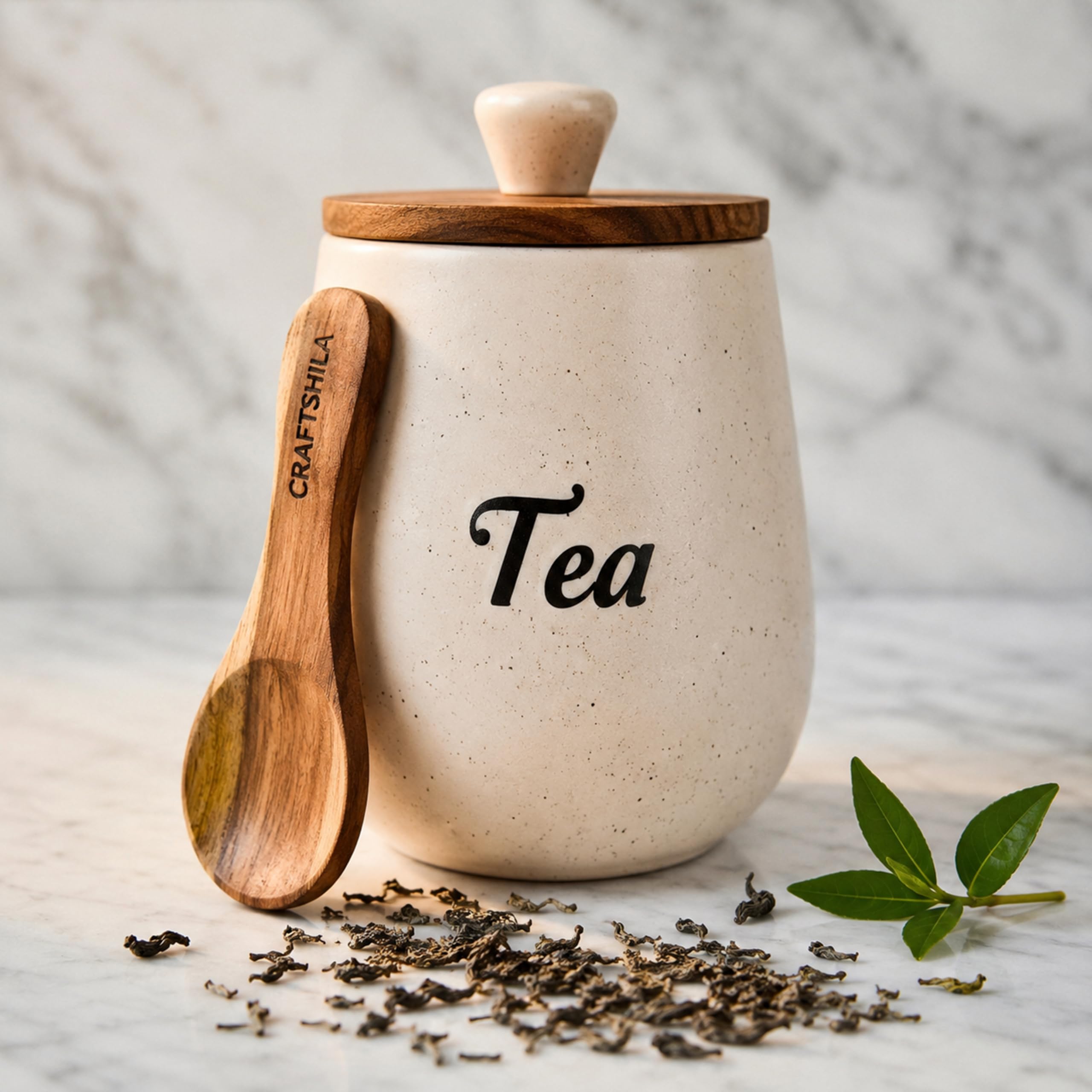 Craftshila Ceramic Tea Container With Wooden Spoon & Lid | Tea Jar & Container For Kitchen Storage Set | Multi Utility Air Tight