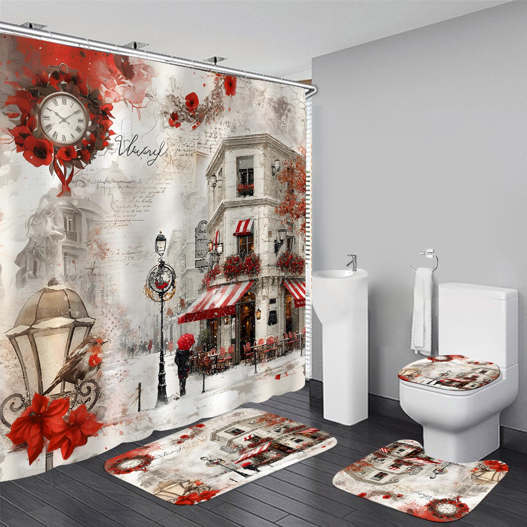 Chrainy 4Pcs Snowy Streets Shower Curtain Sets Red Floral Bathroom Set Decor With Non-Slip Rugs Bath U-Shaped Mat Toilet Lid Cov